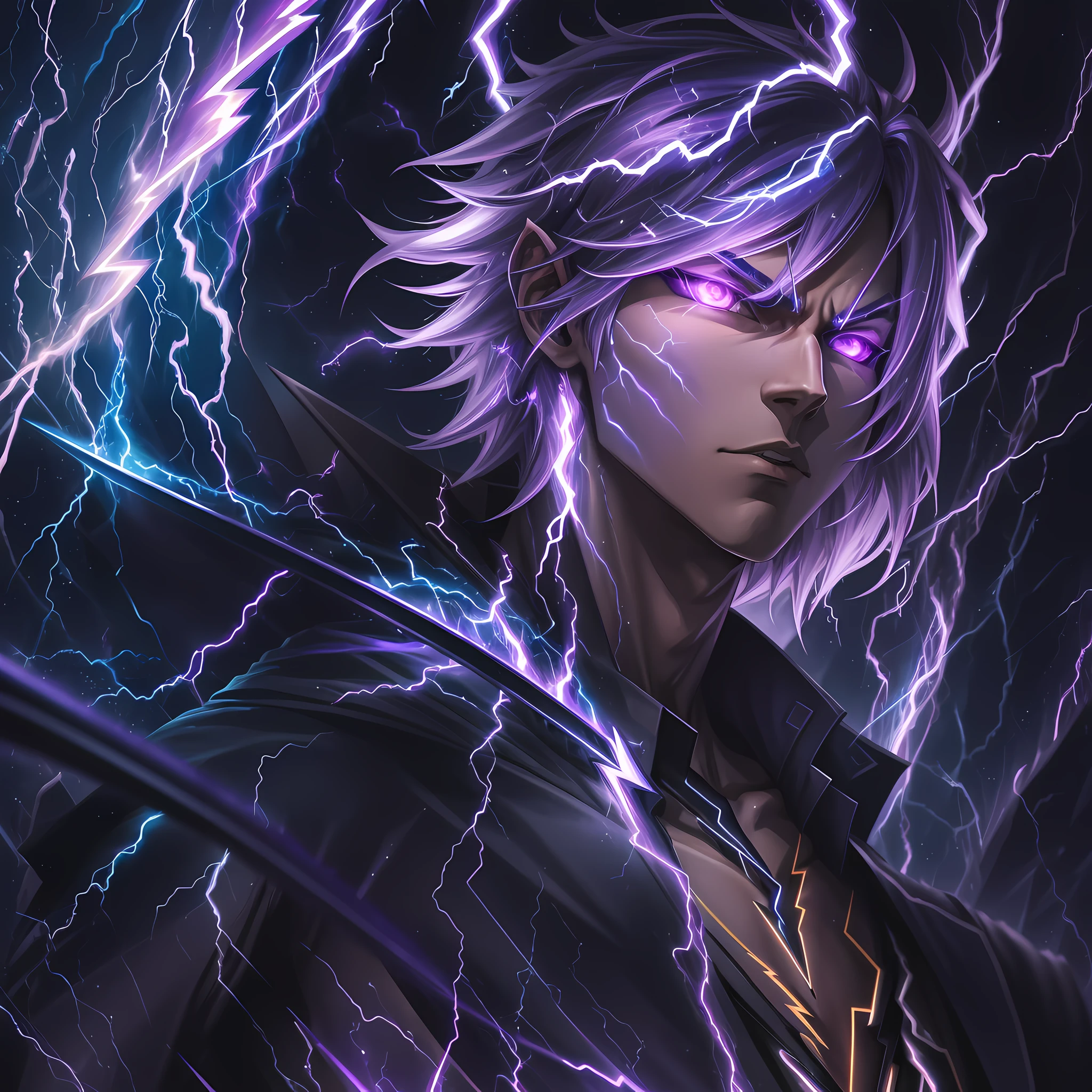 a close-up of a person with a purple and blue background full of lightning, glowing black aura, evil aura, 8k anime, an epic anime of a being with lightning powers, epic anime style, menacing aura, aura of darkness, evolving into his final form, glowing power aura, cosmic power glowing and flourishing, many lightning bolts surrounding the character --auto --s2