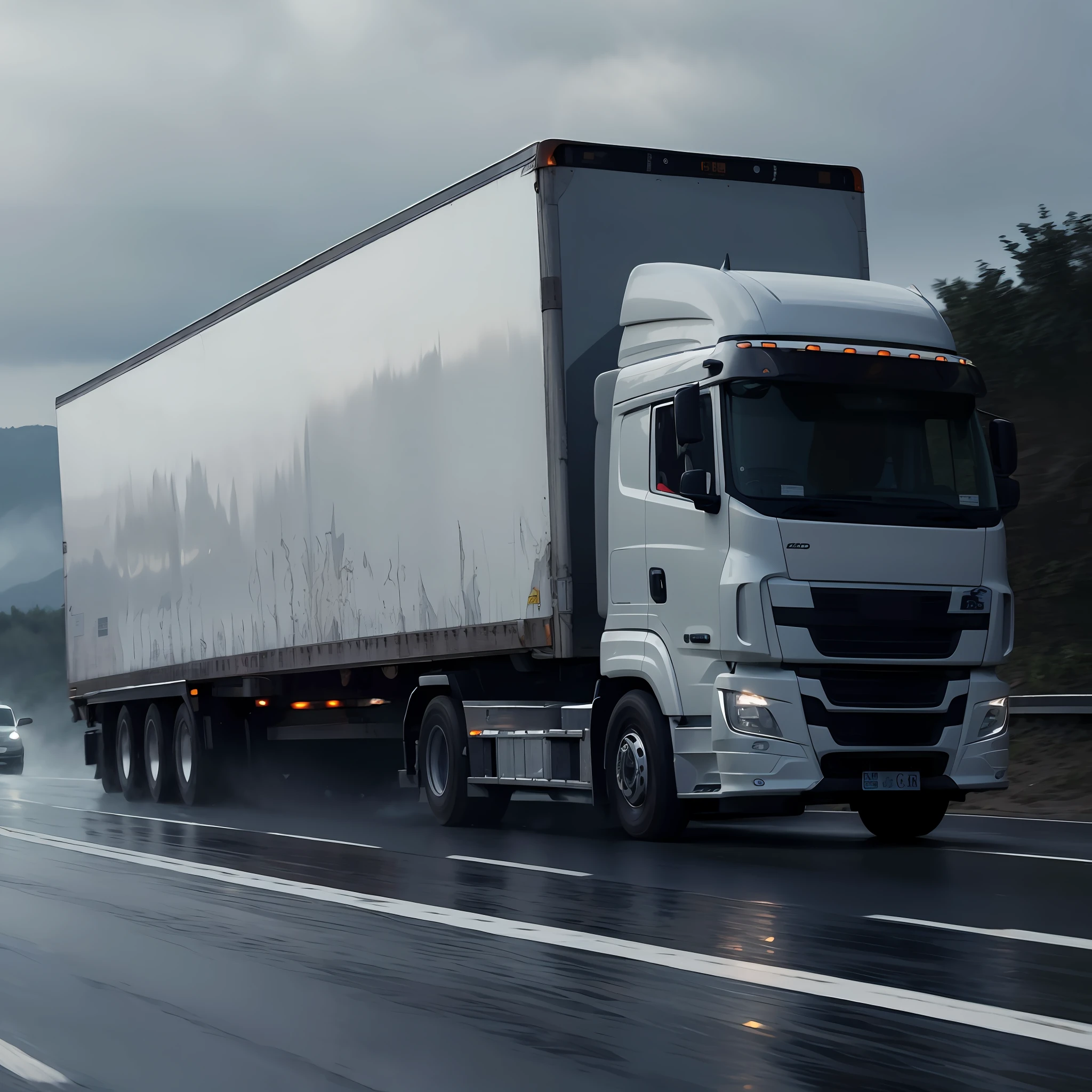 a cargo truck driving fast during the day on a highway in cloudy weather and poor visibility