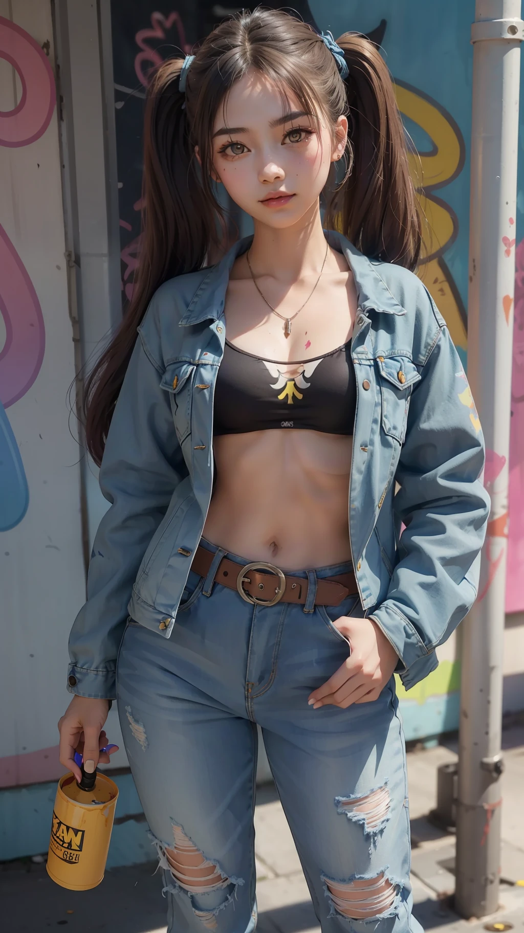 cute nekomata, Petite, Delicate Beautiful Attractive Face With Alluring Yellow Eyes, Messy Painted Face, Sharp Eyebrows, Broadly Smiling, Lovely Medium Breasts, Layered Long Twintail hair, Blush Eyeshadow, Thick Eyelashes, Oversized Tech jacket, Mini Underboob Tee, Open Navel, Slim Waist, Denim Jeans Pants, With Buckle Belt, In The Graffiti Alley, Holding Spray Paint Can, Standing, Original Character, Volumetric Lighting, Best Shadows, Shallow Depth of Field, (Highest Quality, Amazing Details:1.25), (Solo:1.3), Brilliant Colorful Paintings
