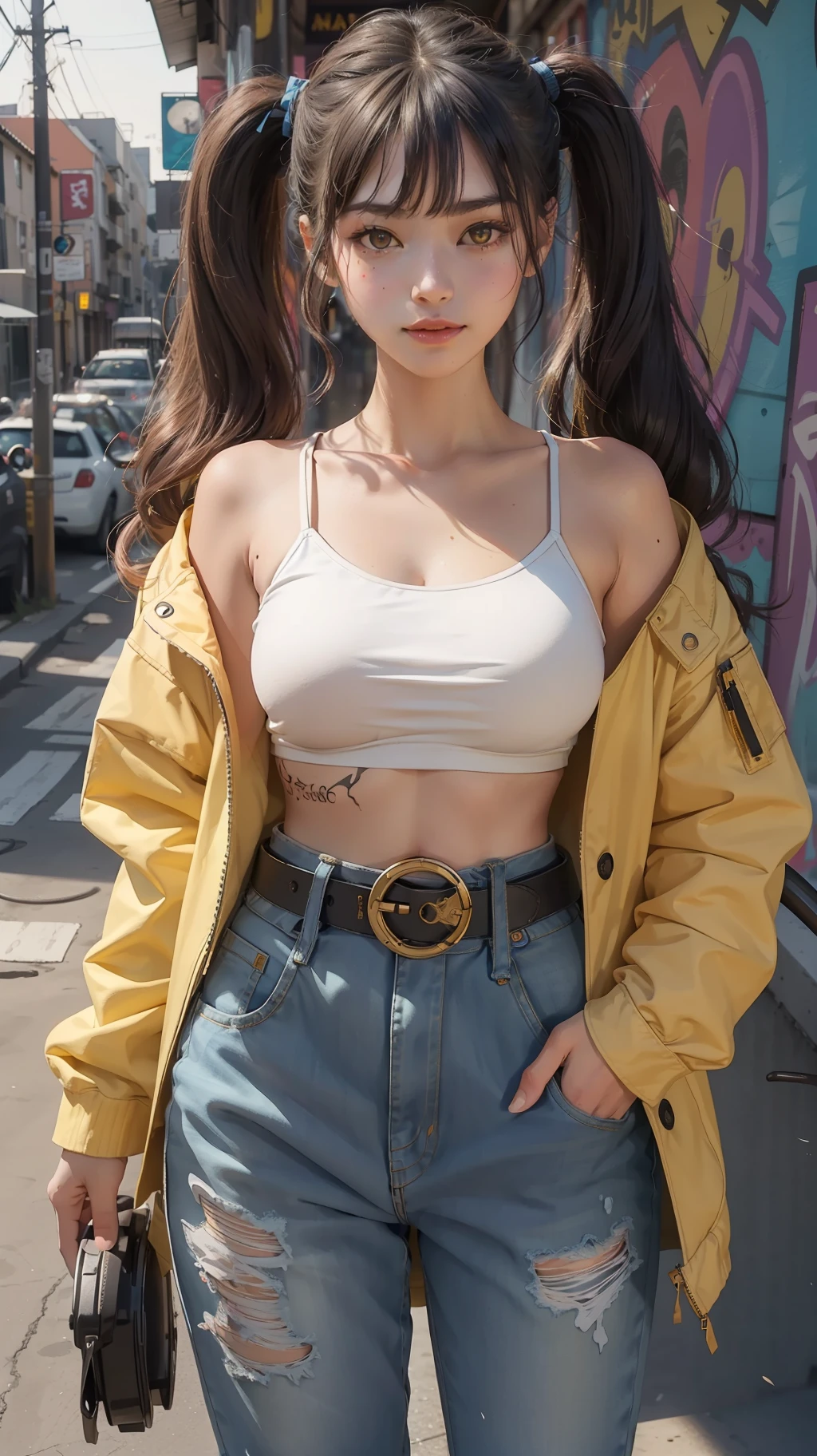 cute nekomata, Petite, Delicate Beautiful Attractive Face With Alluring Yellow Eyes, Messy Painted Face, Sharp Eyebrows, Broadly Smiling, Lovely Medium Breasts, Layered Long Twintail hair, Blush Eyeshadow, Thick Eyelashes, Oversized Tech jacket, Mini Underboob Tee, Open Navel, Slim Waist, Denim Jeans Pants, With Buckle Belt, In The Graffiti Alley, Holding Spray Paint Can, Standing, Original Character, Volumetric Lighting, Best Shadows, Shallow Depth of Field, (Highest Quality, Amazing Details:1.25), (Solo:1.3), Brilliant Colorful Paintings