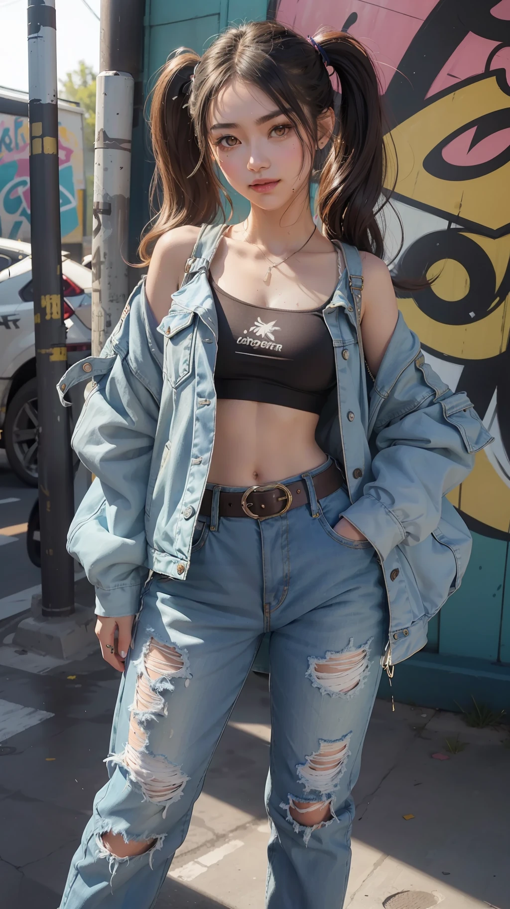 cute nekomata, Petite, Delicate Beautiful Attractive Face With Alluring Yellow Eyes, Messy Painted Face, Sharp Eyebrows, Broadly Smiling, Lovely Medium Breasts, Layered Long Twintail hair, Blush Eyeshadow, Thick Eyelashes, Oversized Tech jacket, Mini Underboob Tee, Open Navel, Slim Waist, Denim Jeans Pants, With Buckle Belt, In The Graffiti Alley, Holding Spray Paint Can, Standing, Original Character, Volumetric Lighting, Best Shadows, Shallow Depth of Field, (Highest Quality, Amazing Details:1.25), (Solo:1.3), Brilliant Colorful Paintings