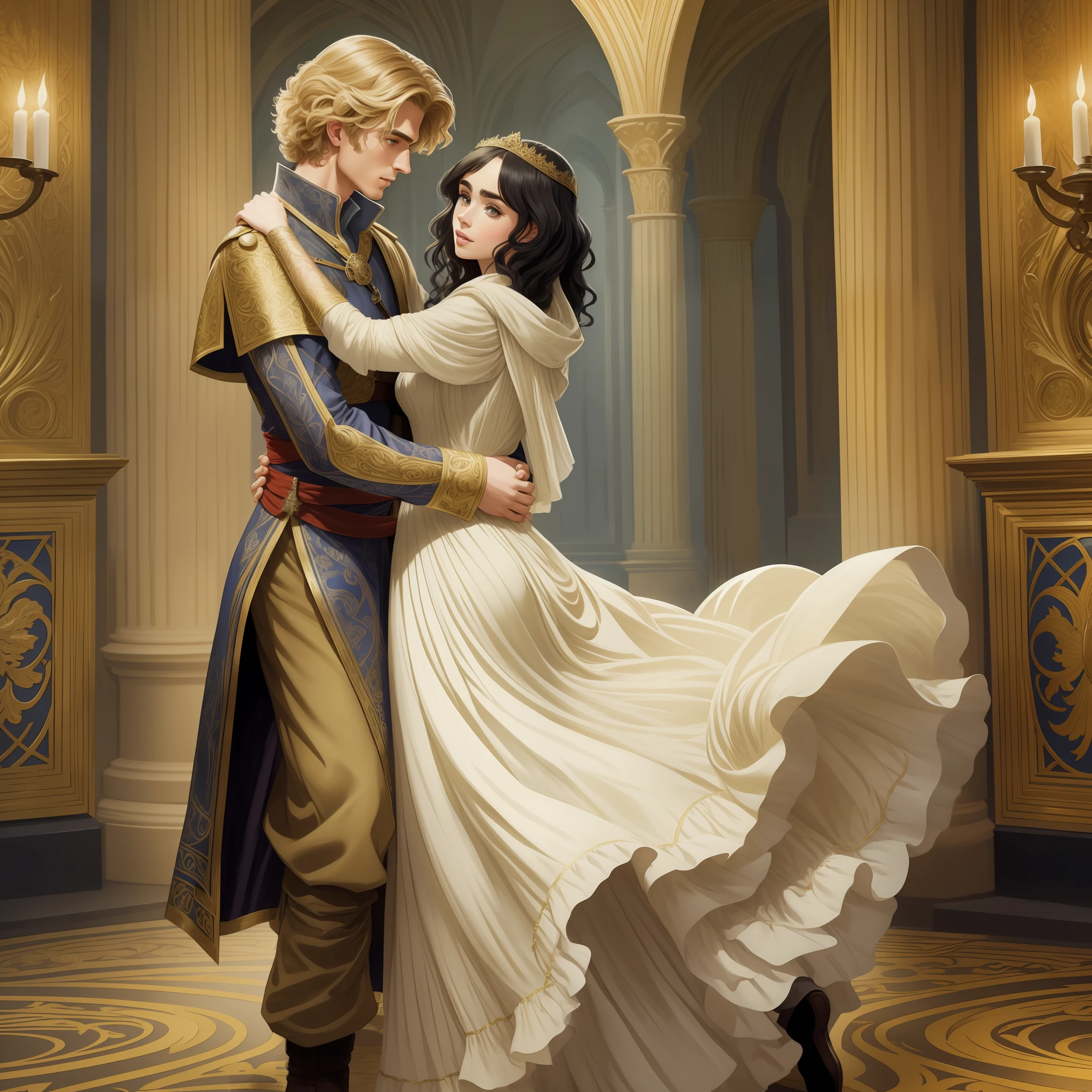Lily Collins, who has curly black hair, wears a medieval dress. the Neels Visser wears a medieval military outfit and has blonde hair. The couple is waltzing in the ballroom. The illustration is like a book cover with a detailed, bright, illuminated, ultra detailed background, concept art, elegant, art by Alphonse Mucha
