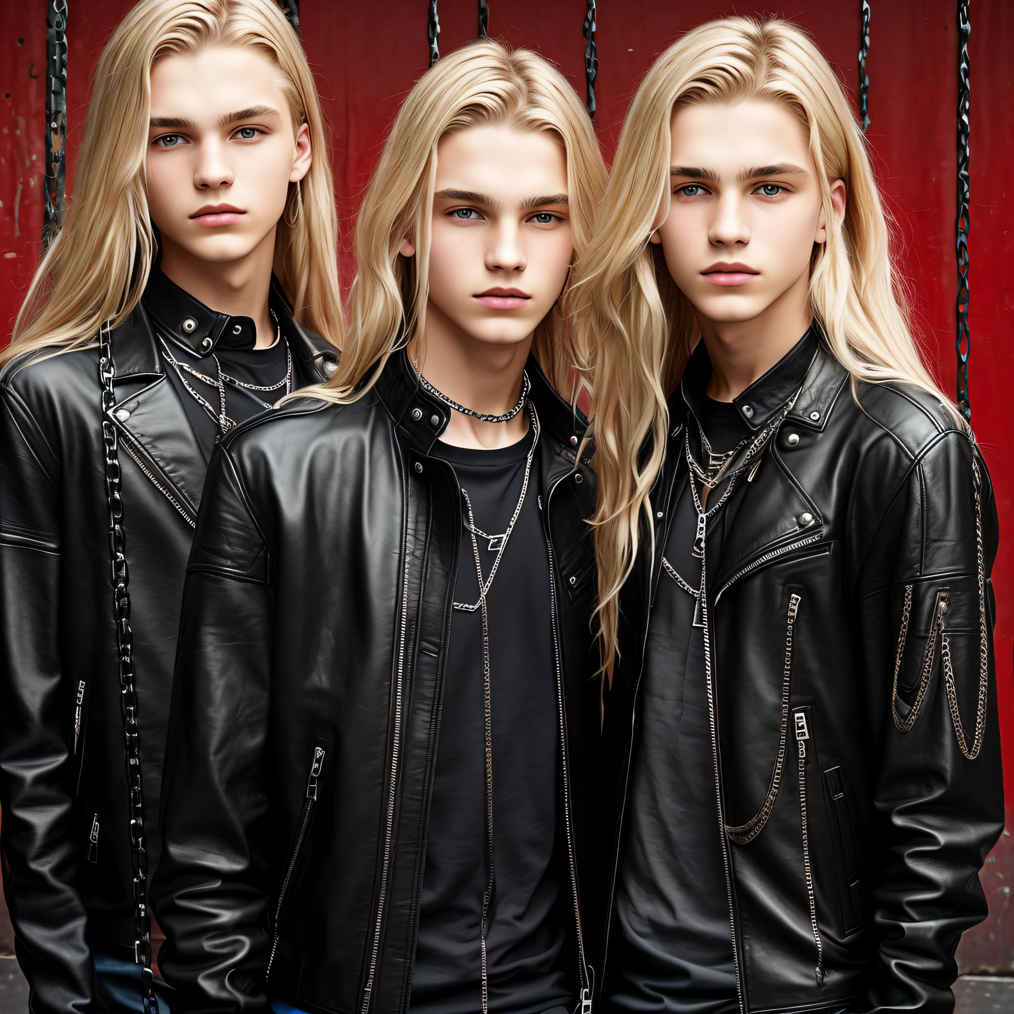 BOYS, CLOSE UP, WITH LONG BLONDE HAIR, WITH LEATHER JACKETS AND BLACK CLOTHING, ON A RED BACKGROUND WITH MANY CHAINS, FLOOR WITH CHAINS, CEILING WITH CHAINS.