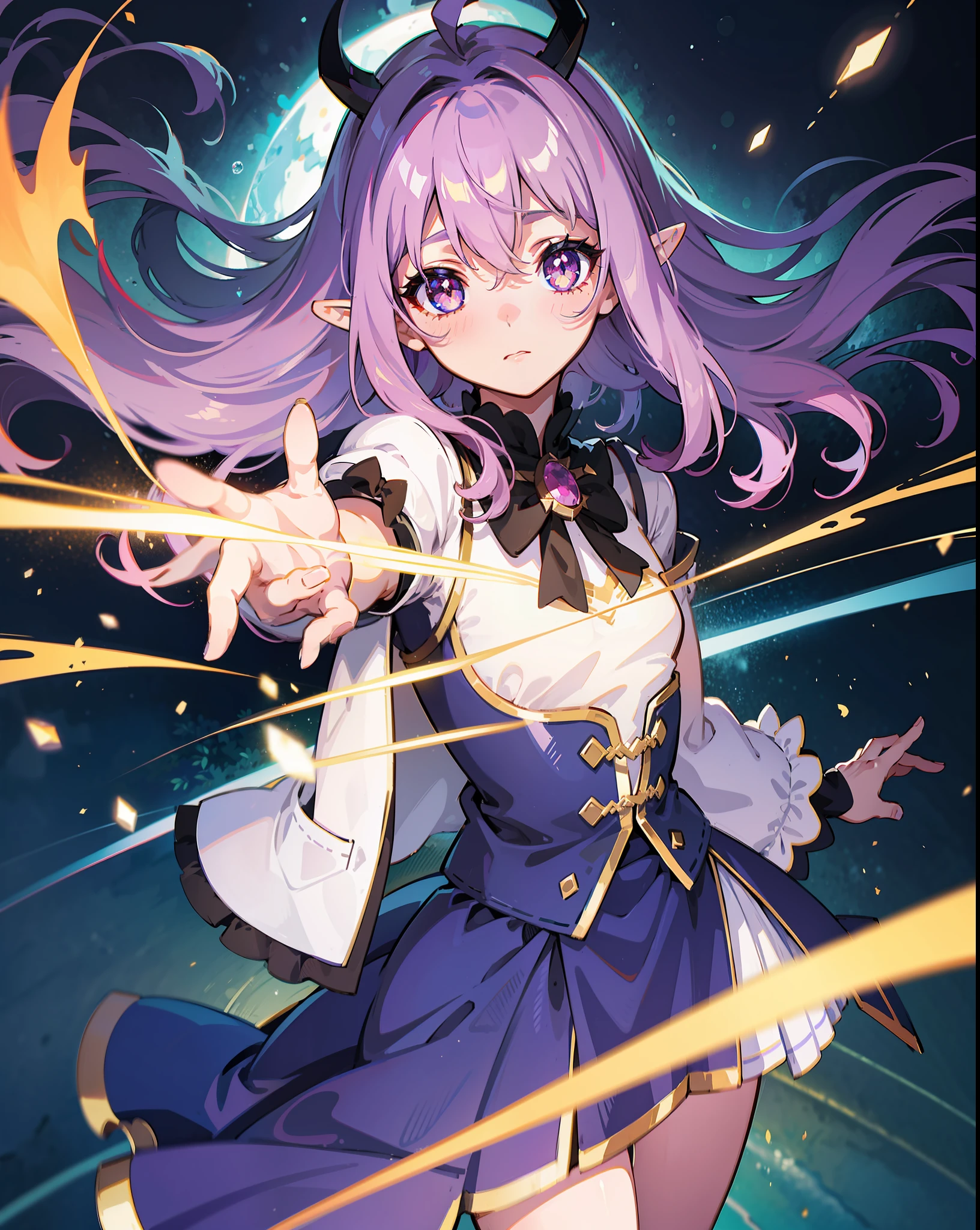 1 girl, full body, full body shoot, fantasy style, magic vibes, night sky, fantasy background, ahoge, bangs, rainbow hair, side drill, hair between eyes, wavy hair, expressive hair, crystal hair, ribbon, horns, scar across eye, star-shaped pupils, gradient eyes, amber eyes, horizontal pupils, pointy ears, shy, bright pupils, full blush, cinematic lighting, chromatic aberration, film grain, character chart, reference sheet, head out of frame, framed, three sided view, multiple views, high detail, Ghibli-like colours, anime style, anime, ((masterpiece)), masterpiece, super detail, high details, high quality, 4K, 8k, 16k, highres, UHD
