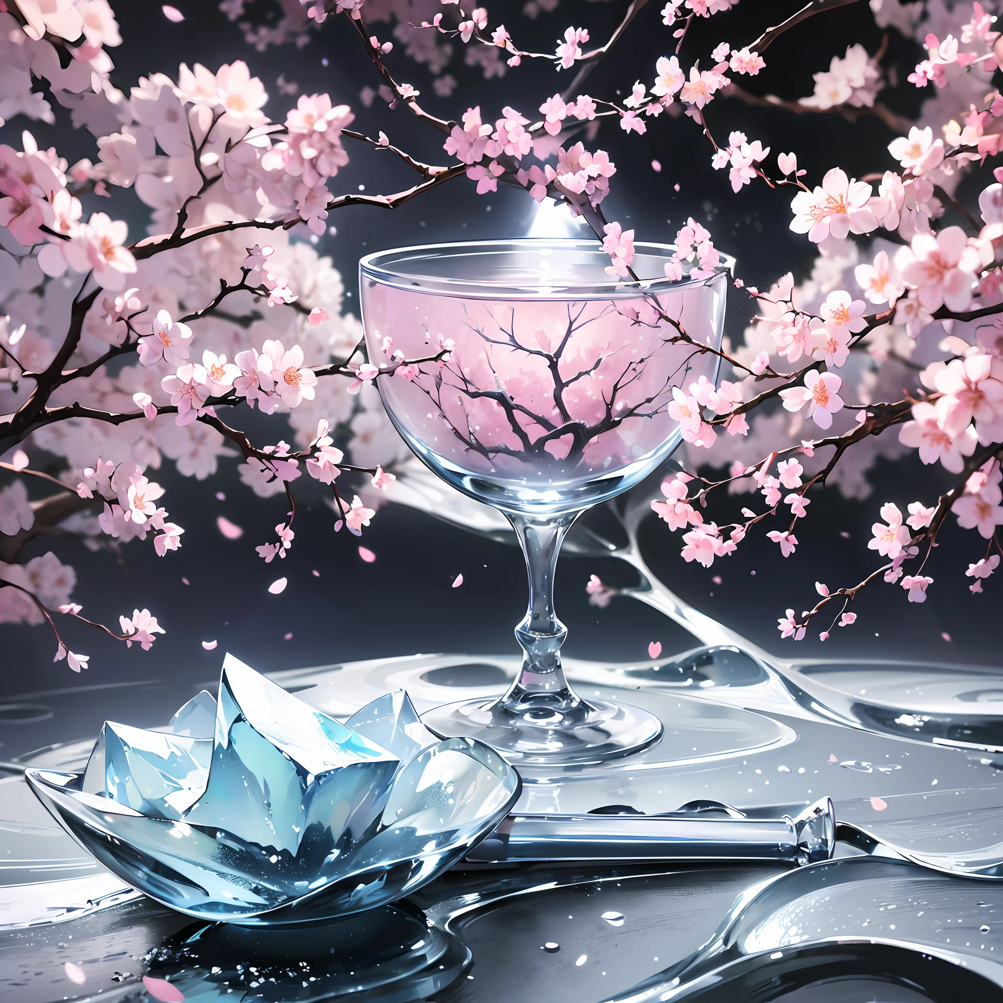 Computer, realistic fantasy, Extensive landscape ultra photography (general view showing a glass goblet, ice inside, fog, iceberg, cherry blossom branches), blurred background, gloomy, magic --auto --s2