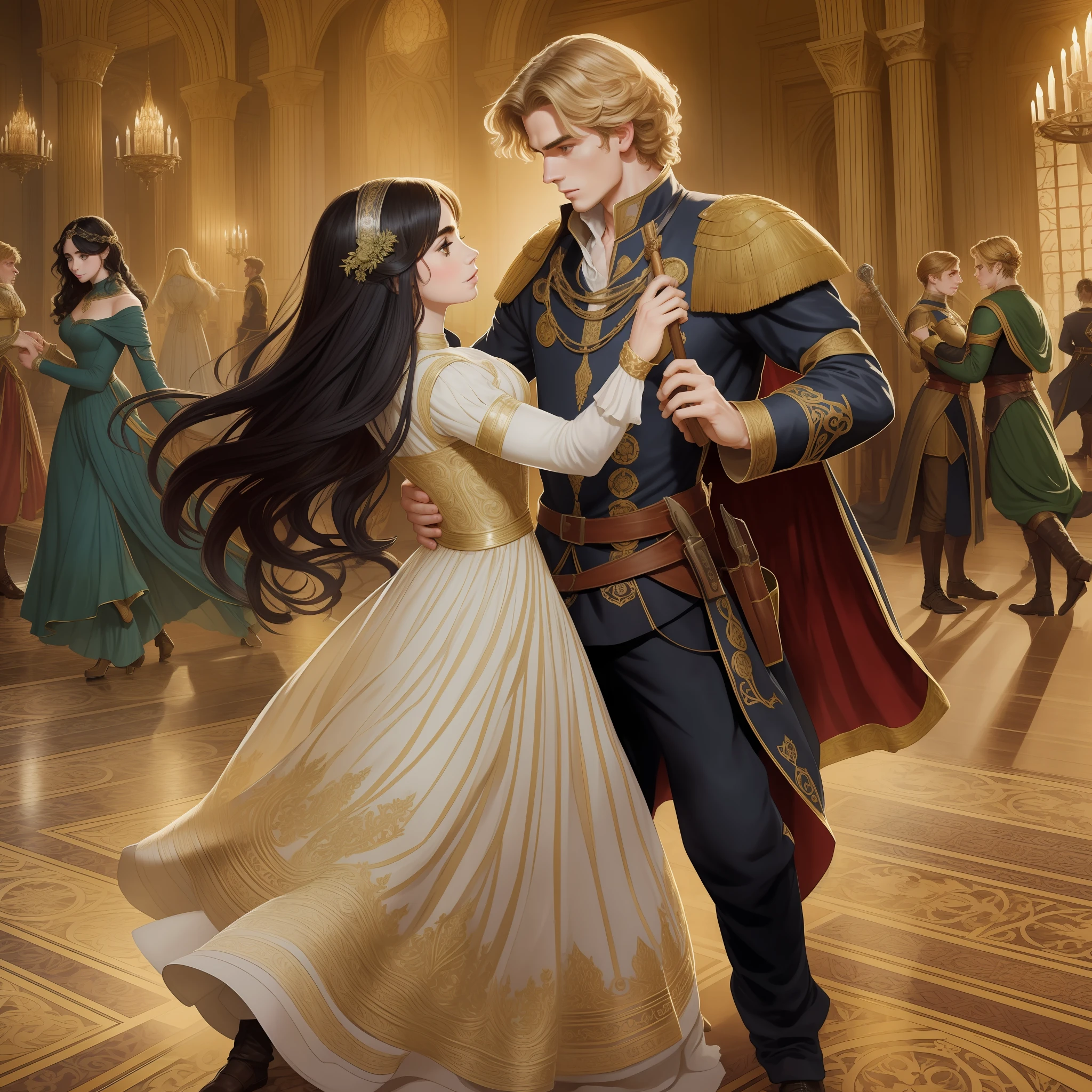 Lily Collins, who has curly black hair, wears a medieval dress. the Neels Visser wears a medieval military outfit and has blonde hair. The couple is waltzing in the ballroom. The illustration is like a book cover with a detailed, bright, illuminated, ultra detailed background, concept art, elegant, art by Alphonse Mucha