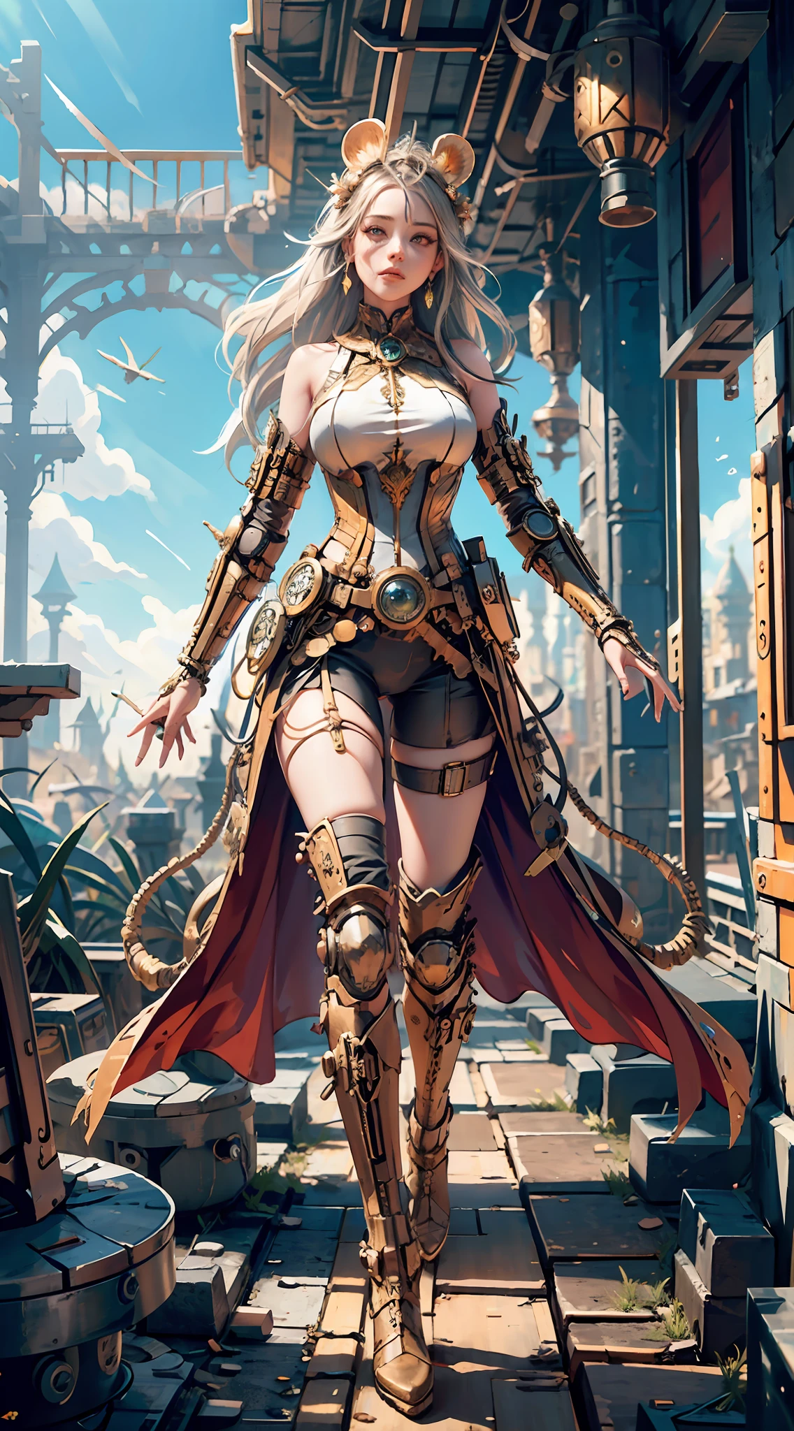 meccog, panorama, full body, best quality, masterpiece, super high resolution, (realism: 1.4), ridiculous, cinema lights, (best vista photos of mechanical girls), 1girl, (anatomically correct), rat pattern decoration on clothes, full body, broken [grey: pink: 0.5] theme, (gradient background: 1.1), long hair, (rat ear headdress), red eyes, delicate headdress, (koh_amberheard:0.9), extremely detailed face, Fantasy Sci-Fi Creatures, Surrealism, Steampunk, Intricate Design, Extreme Detail, Fine Detail, HDR (High Dynamic Range), Ray Tracing, Unreal 5, Subsurface Scattering, PBR Texture, Post Processing, Anisotropic Filtering, Depth of Field, Maximum Sharpness and Acutance, Multi-layer Textures, Albedo and Highlight Maps, Surface Shading, Accurate Simulation of Light-Material Interactions, Perfect Proportions, Octane Rendering, Two-tone Lighting, Low ISO, White Balance, Rule of Thirds, Wide Aperture, 8K RAW, High efficiency sub-pixel, subpixel convolution, luminescent particles, light scattering, Tyndall effect