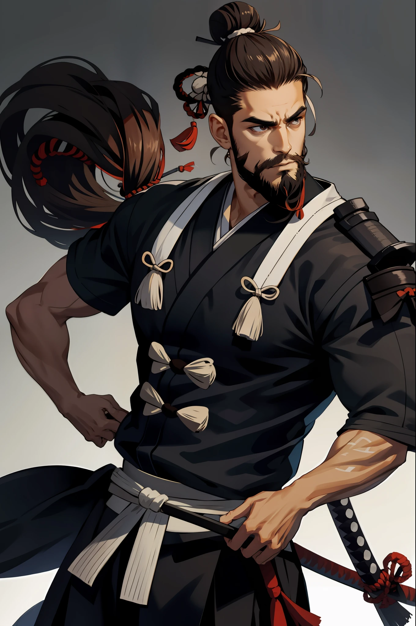 1.75 tall, black, brown eyes, athletic body, well made beard, serious, hair with samurai bun