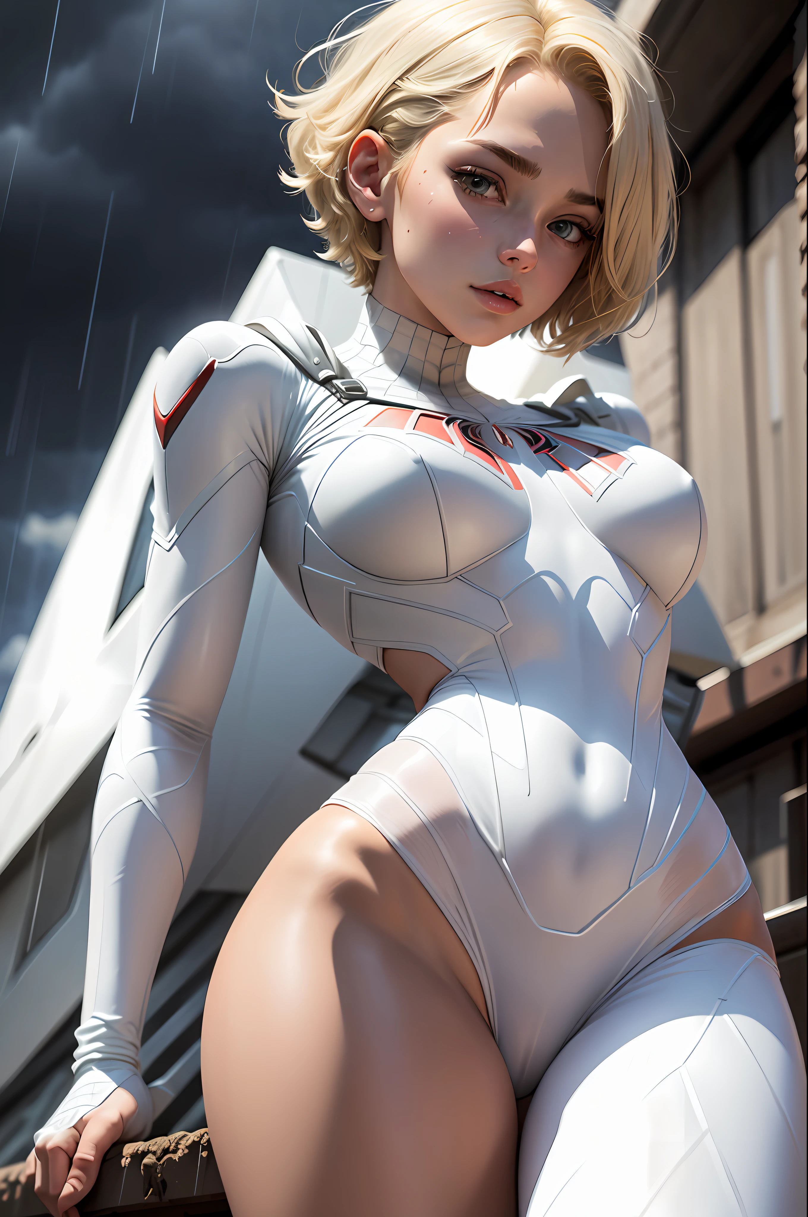 18 yo girl, white spider man suit, short blunt hair, blonde, beautiful face, rain, roof, masterpiece, intricate detail, perfect anatomy