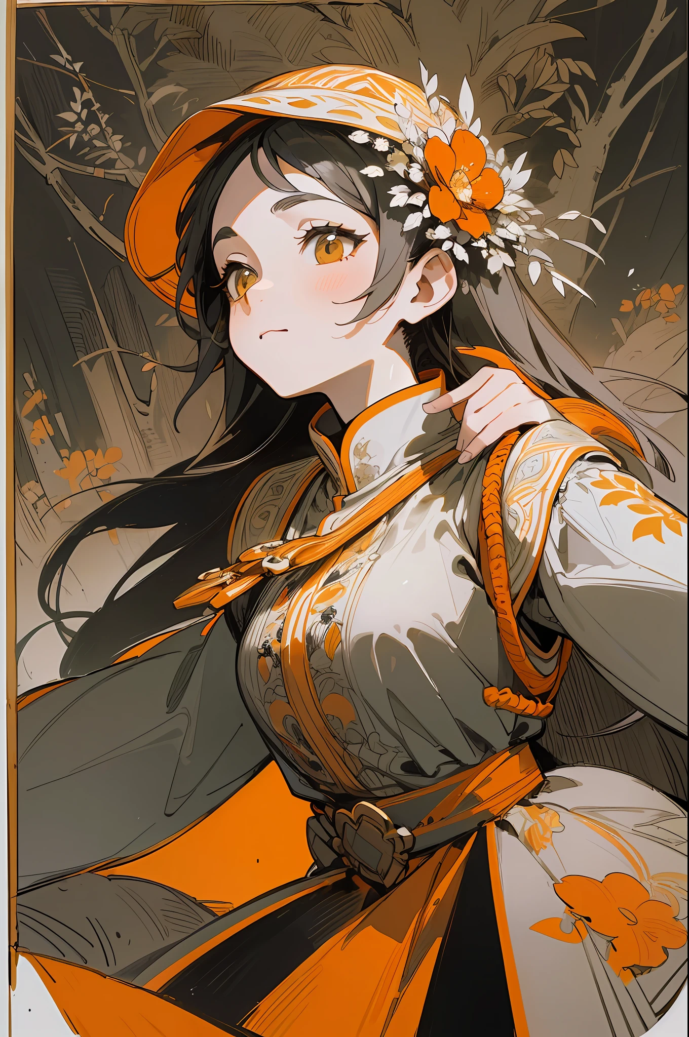 (masterpiece), (best quality), (best detail), (image frame with floral motifs), (distant general point of view), (main color of the illustration: dark orange), (secondary color: gray), a European dancer with a large skirt dancing happily, very detailed face, vintage footnote with handwritten letters with freehand stroke, background stage a forest, rainy night, shaded (detailed, high contrast), yellowish-white and black image