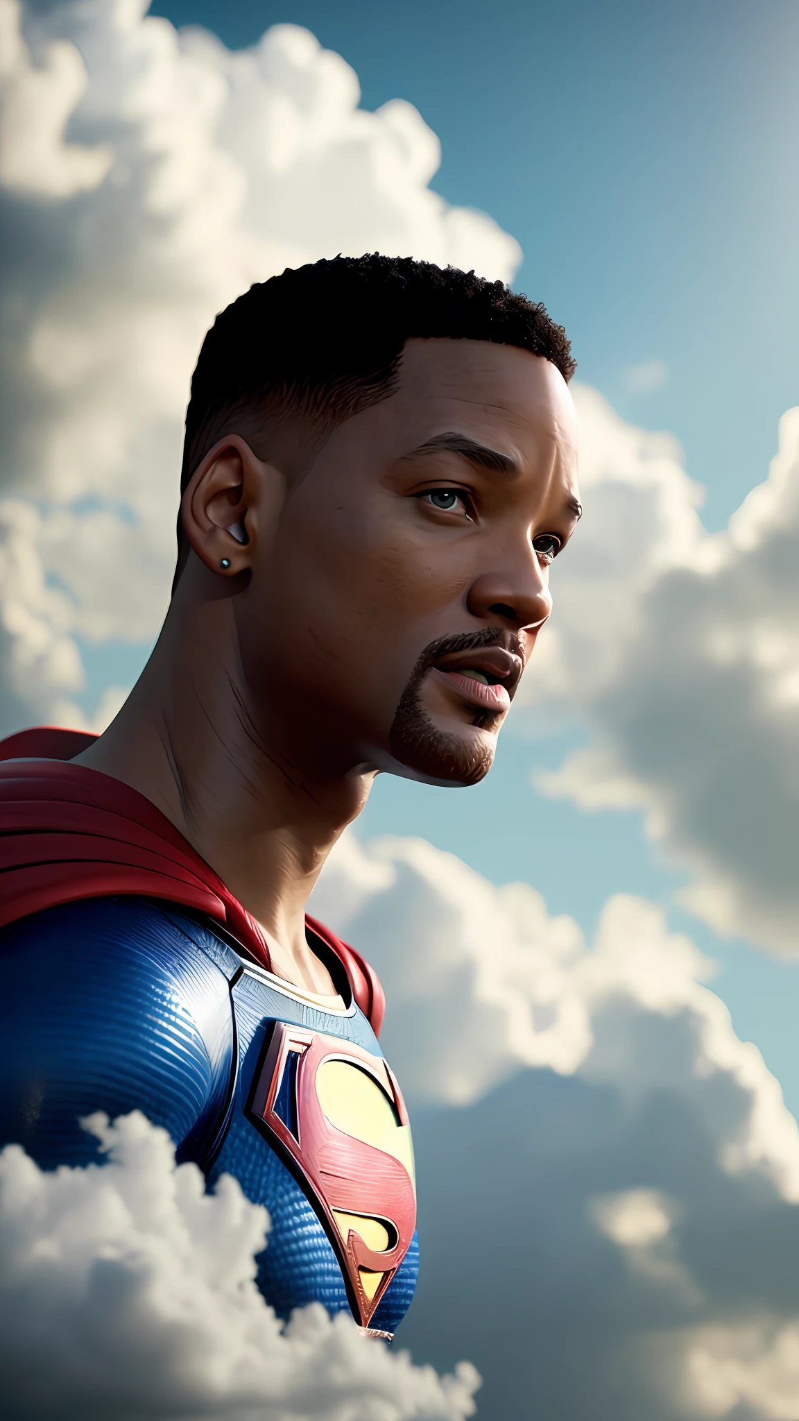 Will Smith superman, photography, in the background a sky full of clouds, soft lighting, soft details, octane, artstation trend, ultra high detail, ultra realistic, cinematic, 16k