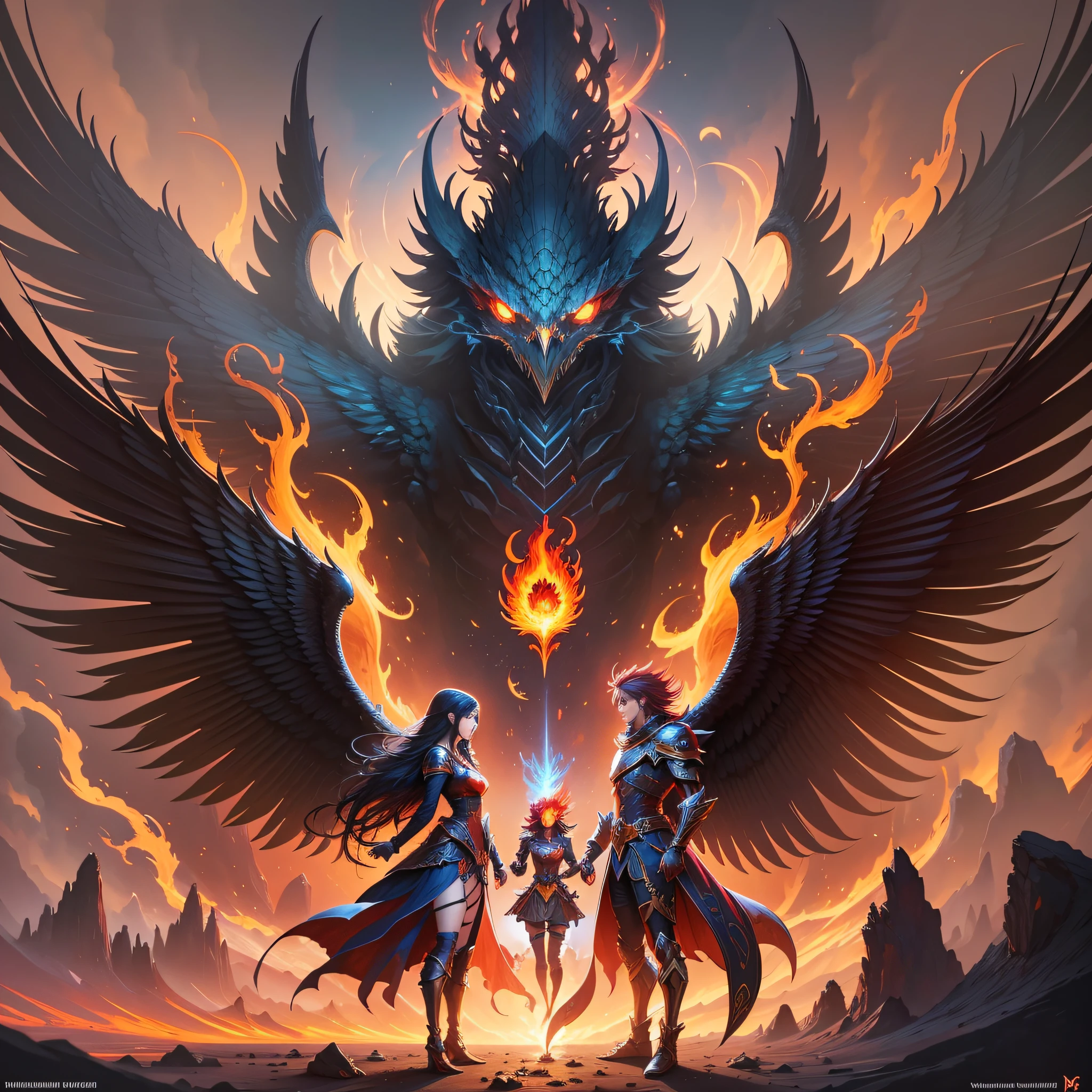 Flaming Phoenix in hand-drawn rpg game format Magic: The Gathering, yu gi oh, anime epic fantasy digital art style, symmetrical concept art, a sinister fantasy illustration, symmetrical epic fantasy art, epic fantasy science fiction illustration, epic fantasy art style, epic anime art, symmetrical fantasy RPG portrait,  Anton Fadeev and Dan Mumford --auto --s2