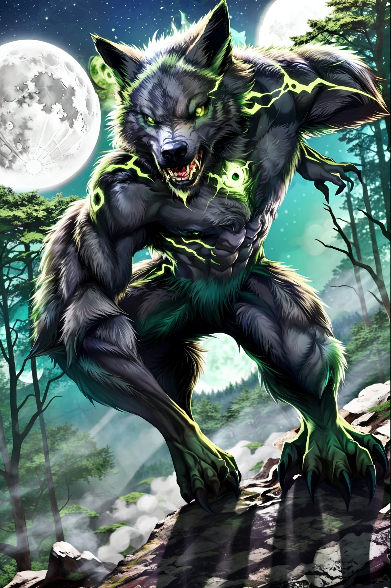 werewolf with bright green eyes, in the forest, moon in the background, female, small breasts, no mistakes, well detailed, extremely well done, full body, attack pose