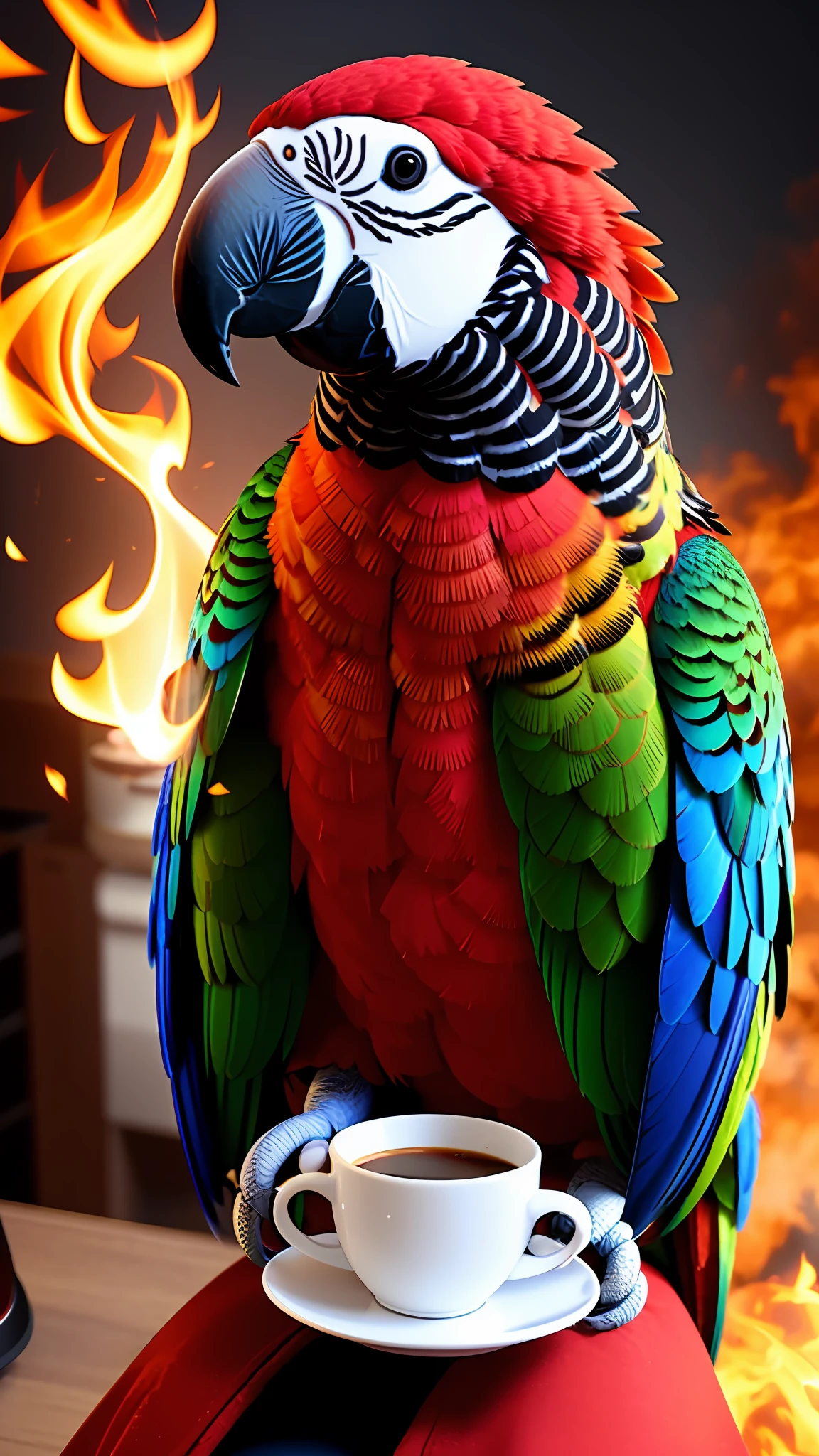 (anthropomorphic parrot:1.3) holding a coffee cup, sitting, in a robe, eating breakfast and holding a coffee cup, hat, particles, volumetric lighting, livingroom burn down, ground and chair on fire, lots of gadgets and equipment, equipment is on fire, smoke, flames all around,