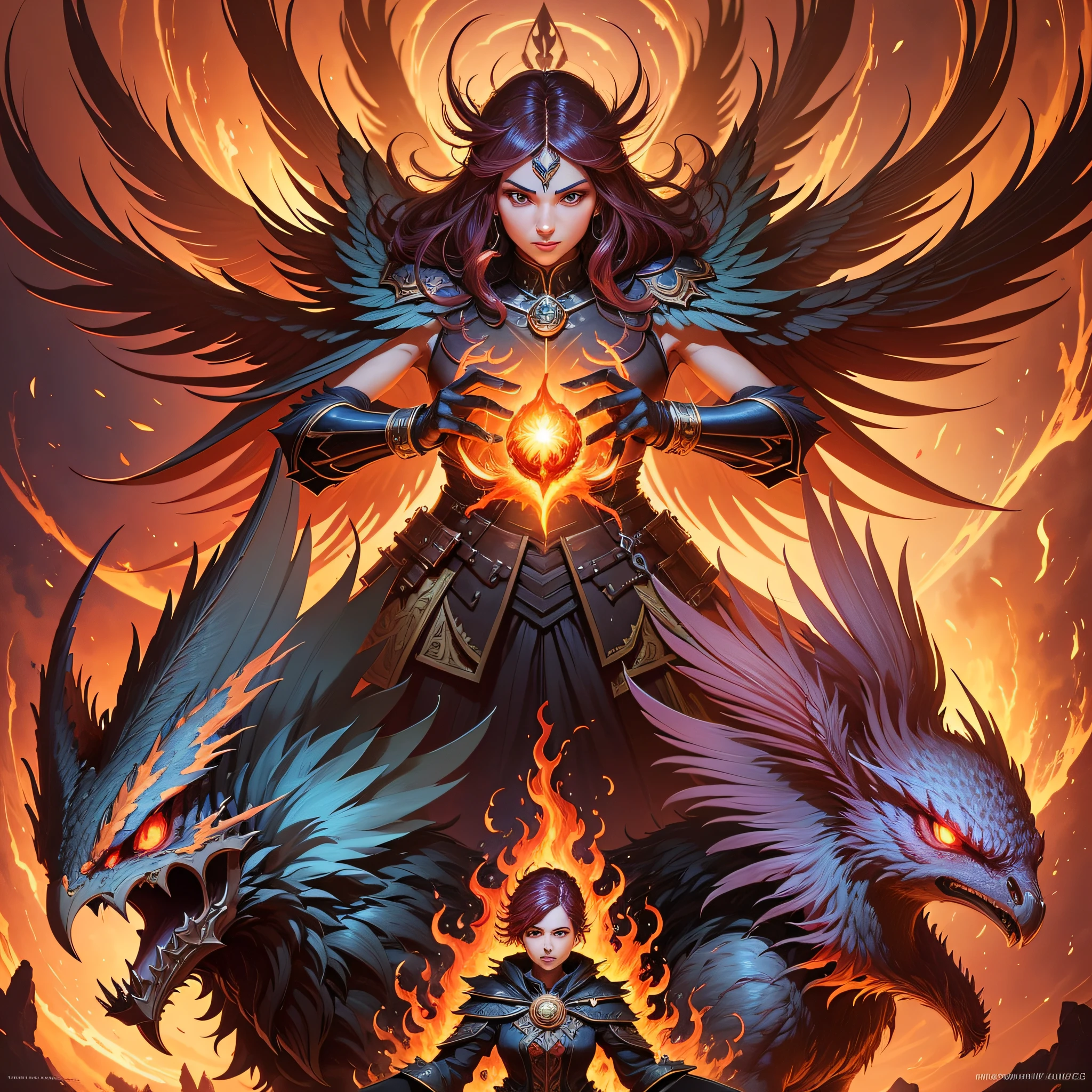 Flaming Phoenix in hand-drawn rpg game format Magic: The Gathering, yu gi oh, anime epic fantasy digital art style, symmetrical concept art, a sinister fantasy illustration, symmetrical epic fantasy art, epic fantasy science fiction illustration, epic fantasy art style, epic anime art, symmetrical fantasy RPG portrait,  Anton Fadeev and Dan Mumford --auto --s2