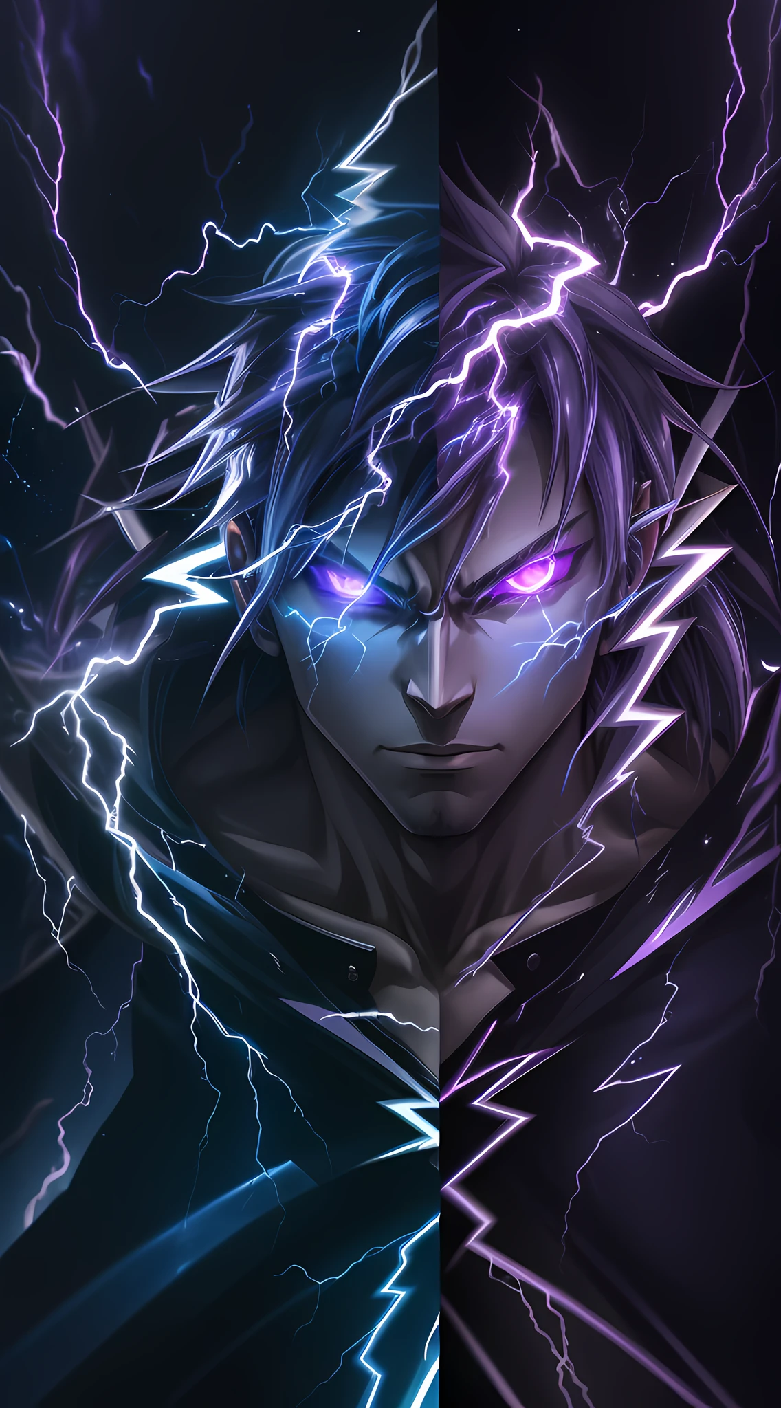 a close-up of a person with a purple and blue background full of lightning, glowing black aura, evil aura, 8k anime, an epic anime of a being with lightning powers, epic anime style, menacing aura, aura of darkness, evolving into his final form, glowing power aura, cosmic power glowing and flourishing, many lightning bolts surrounding the character --auto --s2