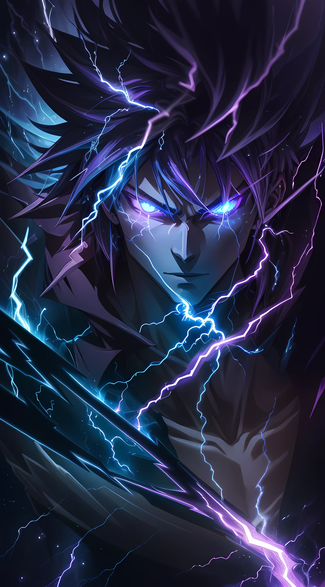 a close-up of a person with a purple and blue background full of lightning, glowing black aura, evil aura, 8k anime, an epic anime of a being with lightning powers, epic anime style, menacing aura, aura of darkness, evolving into his final form, glowing power aura, cosmic power glowing and flourishing, many lightning bolts surrounding the character --auto --s2