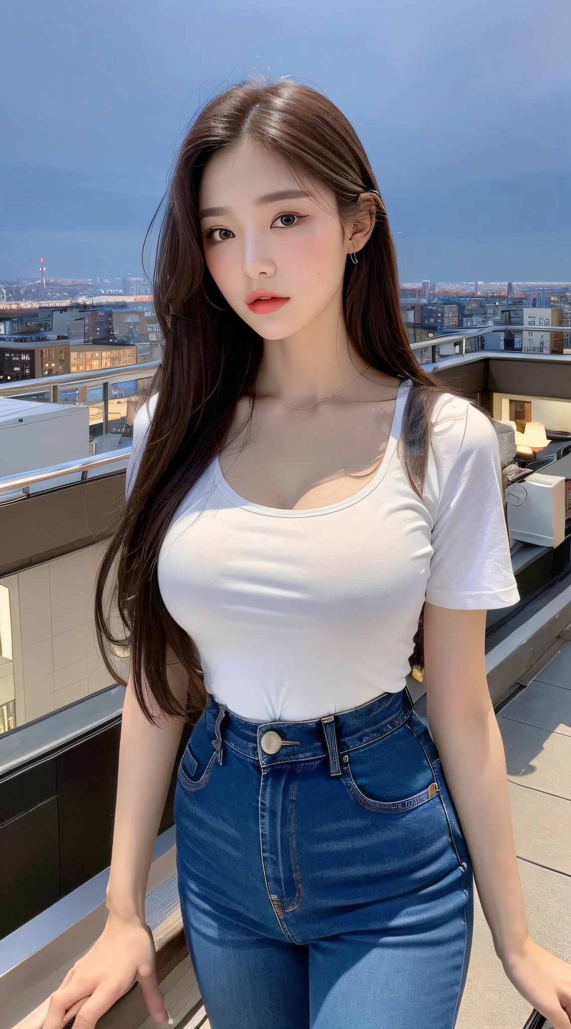 ((Midnight, Best quality, 8k, Masterpiece :1.3)), Whole body, Long legs, Sharp focus :1.2, A pretty woman with perfect figure :1.4, Slender abs :1.1, ((Dark brown hair, Big breasts :1.2)), (White tight tshirt, Jean bib, Standing:1.2), ((Night city view, Rooftop:1.3)), Highly detailed face and skin texture, Detailed eyes, Double eyelid