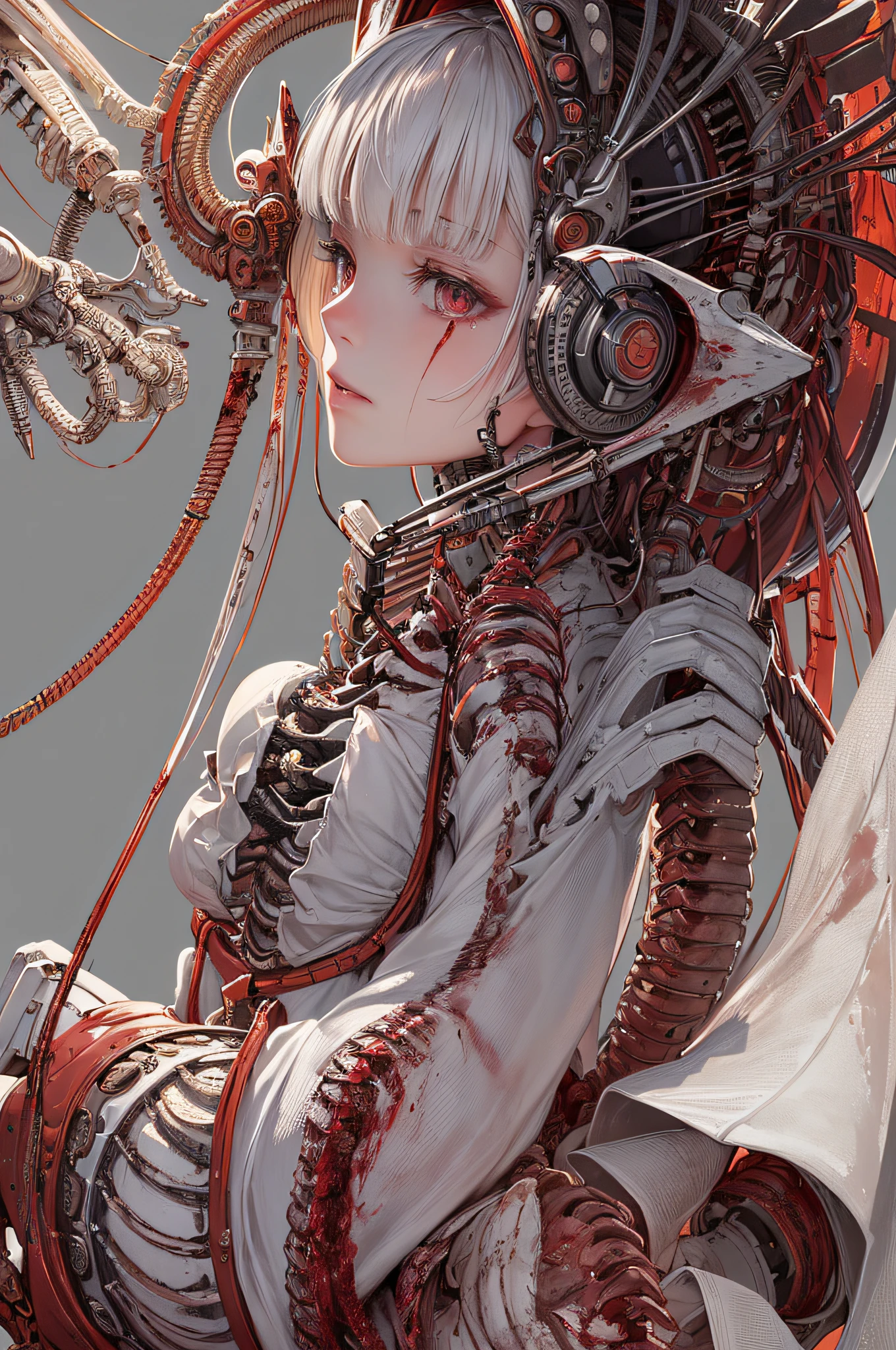 (masterpiece, top quality, best quality, official art, beautiful and aesthetic:1.2), (1girl:1.3), extreme detailed,colorful,highest detailed ((ultra-detailed)), (highly detailed CG illustration), ((an extremely delicate and beautiful)),(from side),cinematic light,((1mechanical girl)),solo,full body,(machine made joints:1.2),((machanical limbs)),(blood vessels connected to tubes),(mechanical vertebra attaching to back),((mechanical cervial attaching to neck)),(sitting),expressionless,(wires and cables attaching to neck:1.2),(wires and cables on head:1.2)(character focus),science fiction,white background,(blood:1.5)