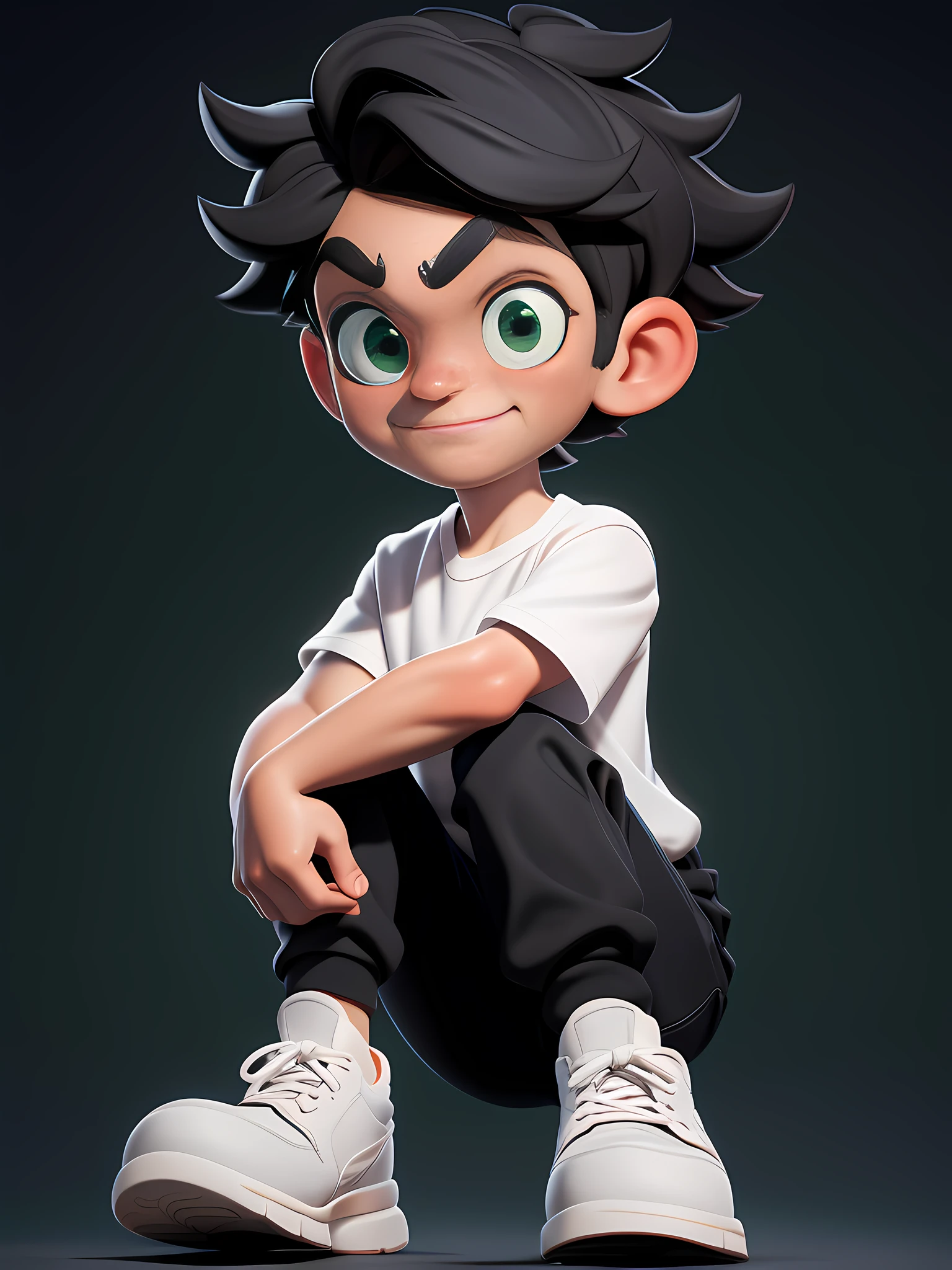 (Masterpiece: 1.5), (Best Quality: 1.5), High Resolution, Highly Detailed, 3DMM, 1boy, white shirt, black pants, black shoes with white sole, White background with shadow, black hair, sitting, short sleeves, green eyes, simple cgi background, correct posture, second cell phone, 3d, well detailed face, highres, 8k