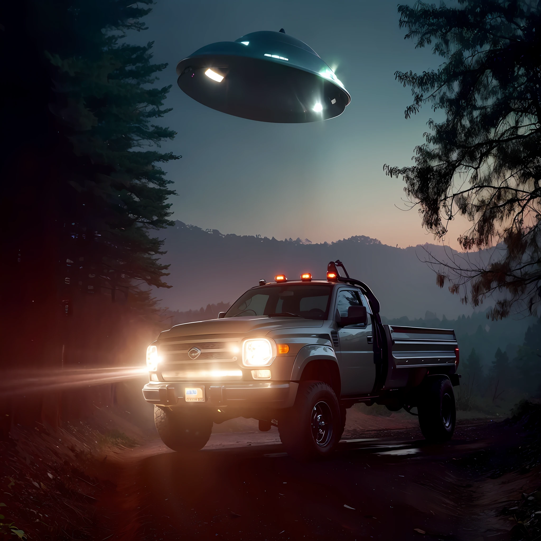 a pickup truck driving at night on a forest road comes across a flying saucer