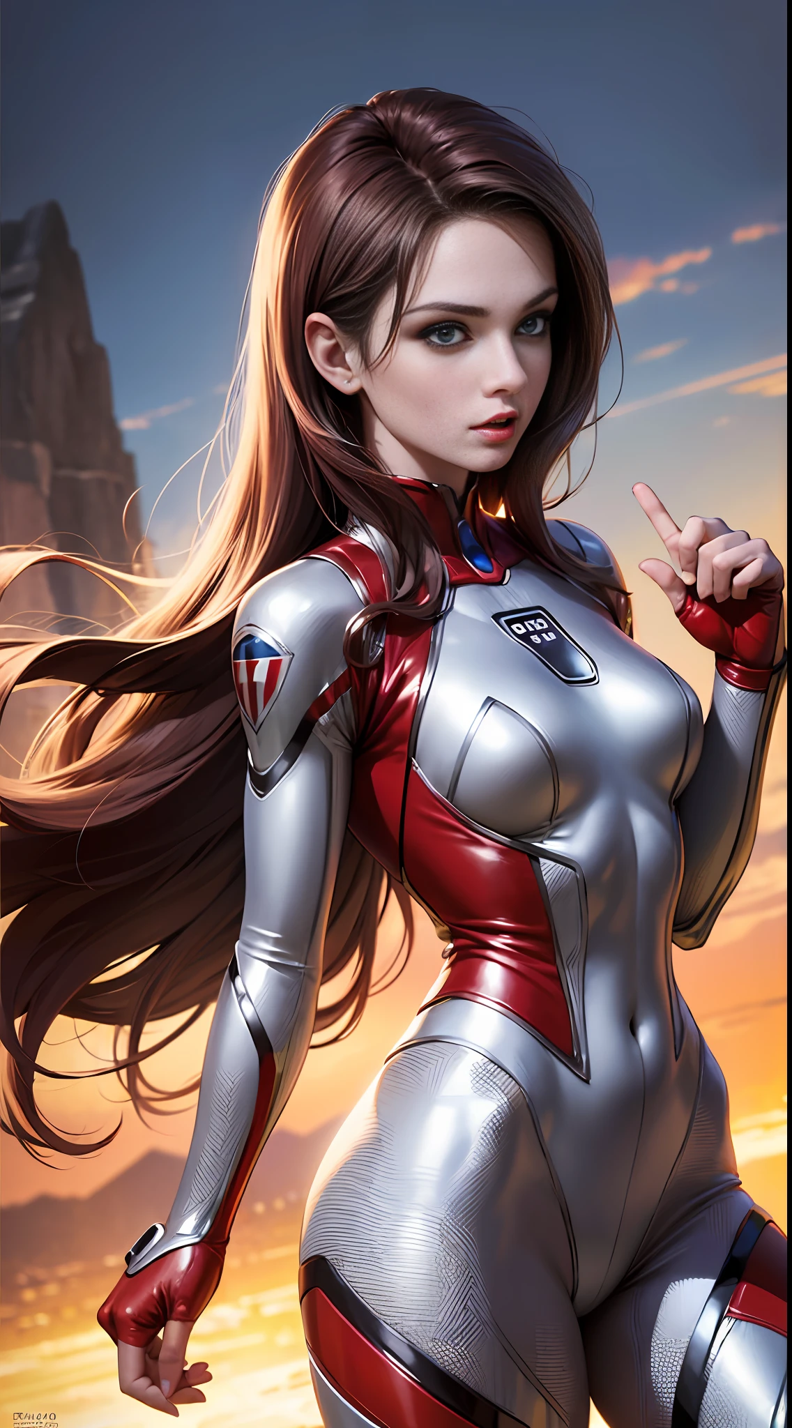High Quality Fingers, Normal Hands, Detailed Fingers, Masterpiece, (Realistic, Photo Realistic: 1.37), (22 Year Old Woman), Galaxy Ultraman, Female Ultraman, Classic Red Silver Tights, Busty Breasts, Small Waist, Crimson Hair, Blue Eyes, Beautiful Face, Perfect Lighting, Determined Eyes, Looking at the Audience, Amazing Beautiful Woman, Detailed Hairstyle, Detailed Background, (Khan: 1)