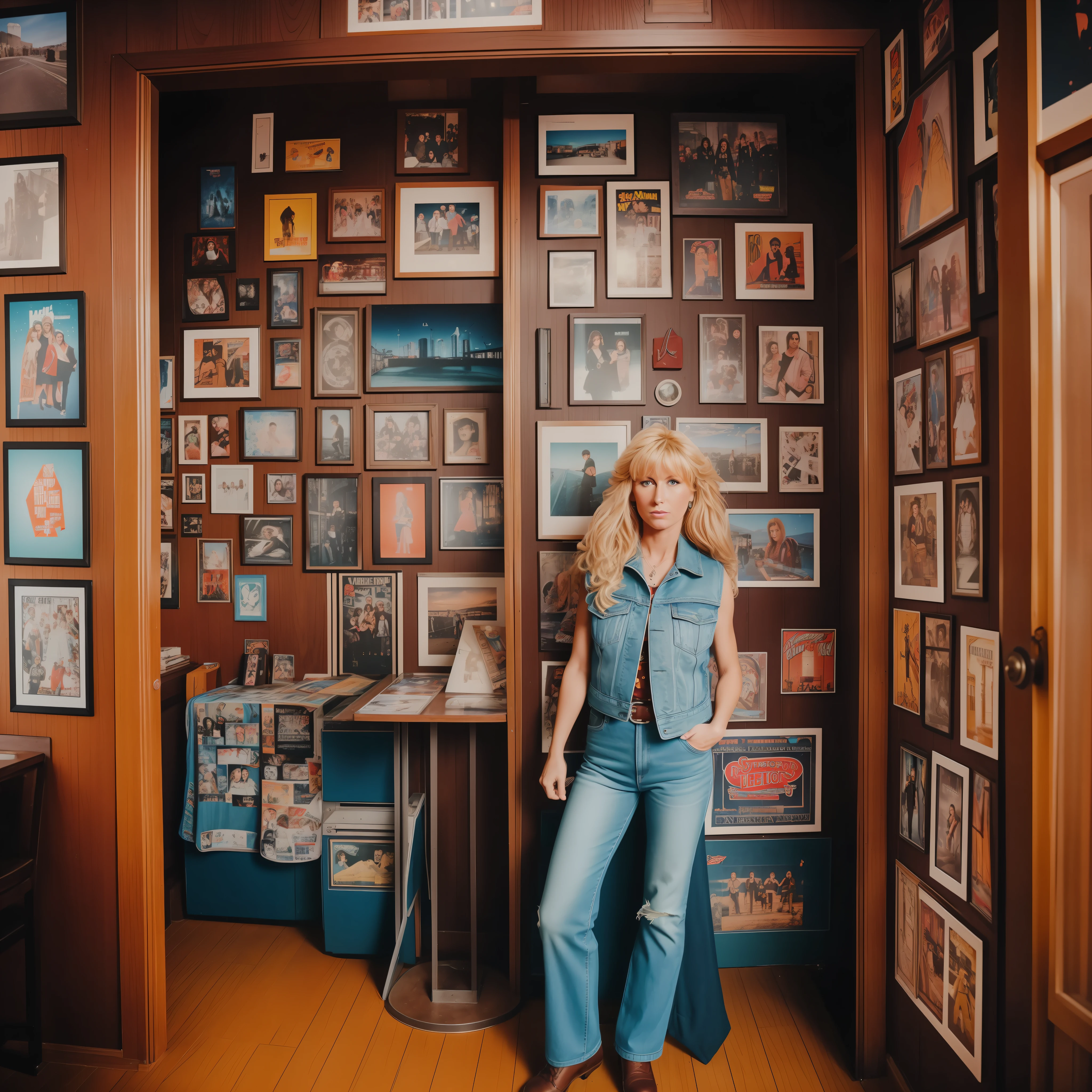 poses inside the cabin. The cabin is decorated with retro stickers and posters, including images of rock bands and classic '80s movies. The person is dressed in vintage-style clothing, with a leather vest and a faded denim jacket. The light inside the cabin is soft and warm, creating a nostalgic feel. The images are arranged in a vertical strip, as if they were exits directly from the photo booth. The artistic medium is photography, focusing on capturing the atmosphere and aesthetics of the 80s. The artists and photographers who could collaborate with this scene are: Cindy Sherman, Richard Avedon and the retro movement.