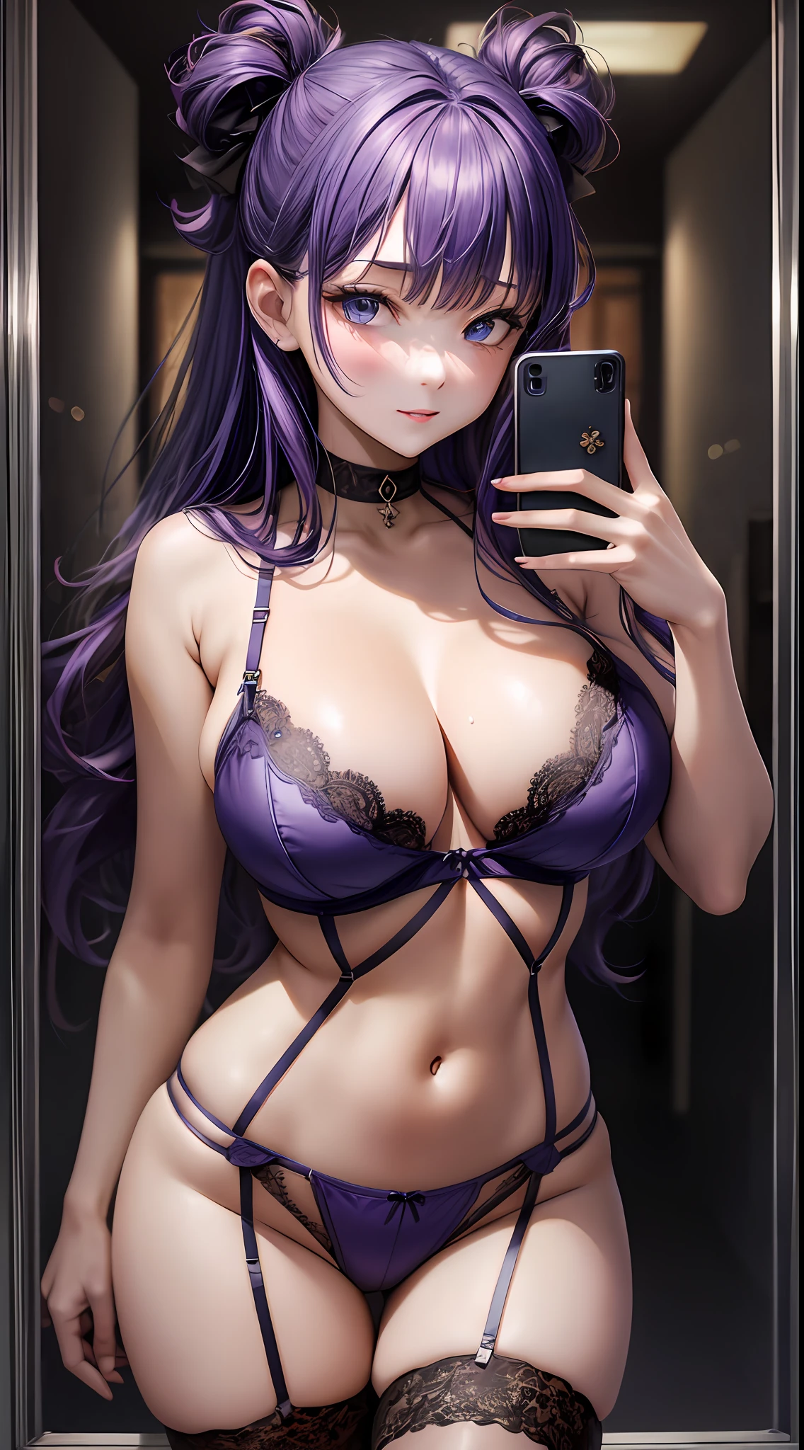 (masterpiece), best quality, nsfw, 1girl, saori_kido, tyrant selfie wearing lingerie, cute, huge bust, 18 years old, big expressive eyes, blue eyes, perfect face, most seductive girl imaginable, cute, purple hair, shoulder hip length, wavy hair, voluminous hair, no makeup, happy face, pink lights, lace lingerie