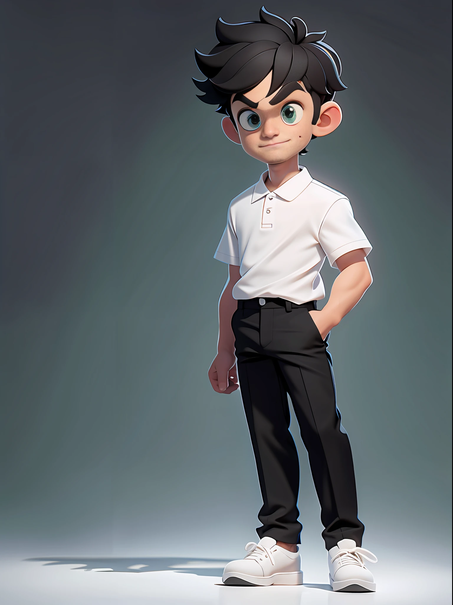 (Masterpiece: 1.5), (Best Quality: 1.5), High Resolution, Highly Detailed, 3DMM, 1boy, White Shirt, Black Pants, Black Shoes with White Sole, White Background with Shadow, Black Hair, Standing, Short Sleeves, Green Eyes, Simple CGI Background, Correct Posture, Second Cell Phone, 3D, Well Detailed Face, Highres, 8K