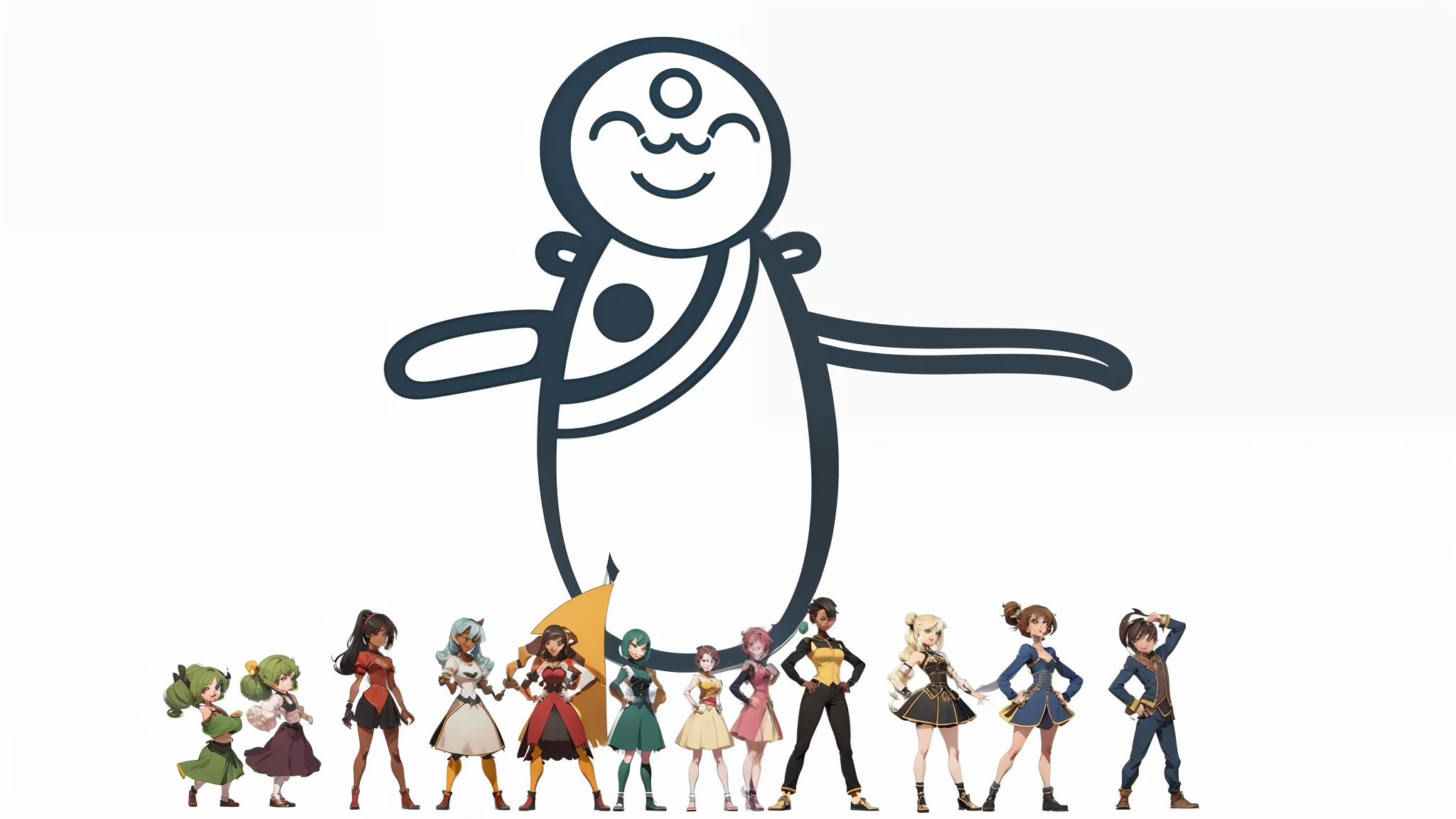 A group of people standing in different poses, different hairstyles, simple cartoon style, group of people, detailed characters, cartoon style illustrations, several character designs, a group of happy people, different costumes, a group of people, cartoon illustrations, highly detailed characters, various poses, mix of races and genders, flat anime style --auto --s2