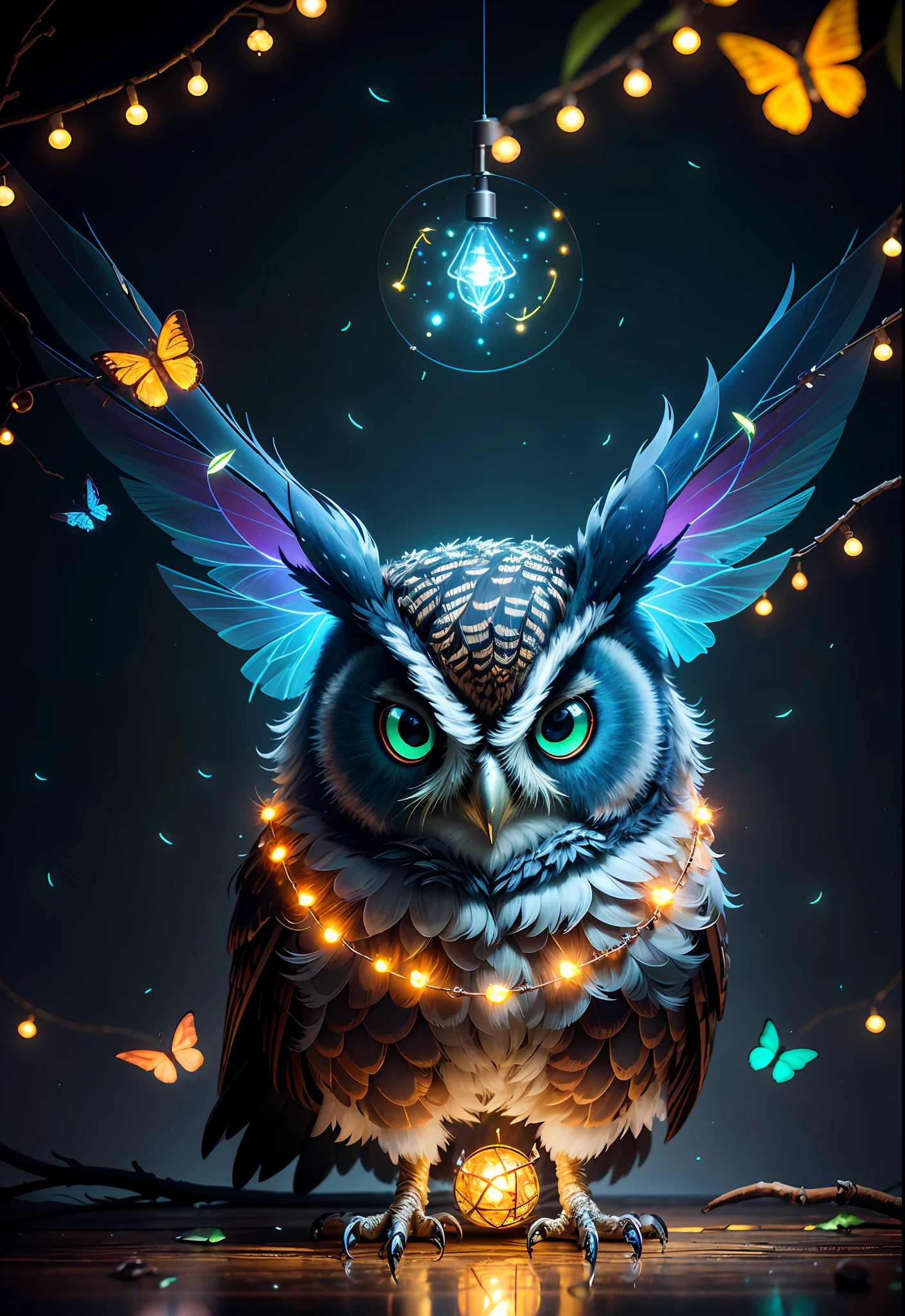 Masterpiece, best quality, extremely beautiful reflection, best reflection. (Very detailed CG unity 8k wallpaper), (best quality), (best illustration), (best shadow), a photo of a cybernetic owl, perched on barbed wire in a dark alley. His eyes are neon blue, reflecting the lights of the surrounding city. The feathers are fragmented and iridescent, and there is a wonderful code running through them. The shots used create a deformation effect, giving the impression that an owl is observing the viewer from all angles, with a forest theme with natural elements. Tall trees, quiet stream, glowing small mushrooms surrounded by delicate leaves and branches, and fireflies and glowing particle effects, (natural elements), (jungle theme), (leaves), (branches), (fireflies), butterflies, (delicate leaves), (glow), (particle effects), isometric 3D, Octane rendering, ray tracing, super detailed
