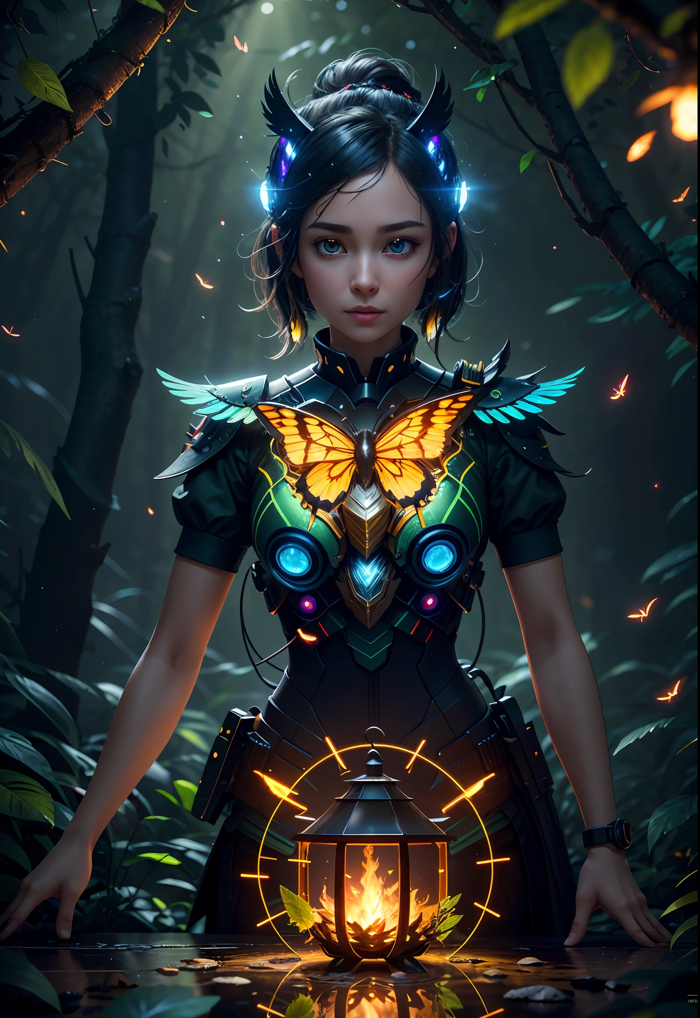 Masterpiece, best quality, extremely beautiful reflection, best reflection. (Very detailed CG unity 8k wallpaper), (best quality), (best illustration), (best shadow), a photo of a cybernetic owl, perched on barbed wire in a dark alley. His eyes are neon blue, reflecting the lights of the surrounding city. The feathers are fragmented and iridescent, and there is a wonderful code running through them. The shots used create a deformation effect, giving the impression that an owl is observing the viewer from all angles, with a forest theme with natural elements. Tall trees, quiet stream, glowing small mushrooms surrounded by delicate leaves and branches, and fireflies and glowing particle effects, (natural elements), (jungle theme), (leaves), (branches), (fireflies), butterflies, (delicate leaves), (glow), (particle effects), isometric 3D, Octane rendering, ray tracing, super detailed