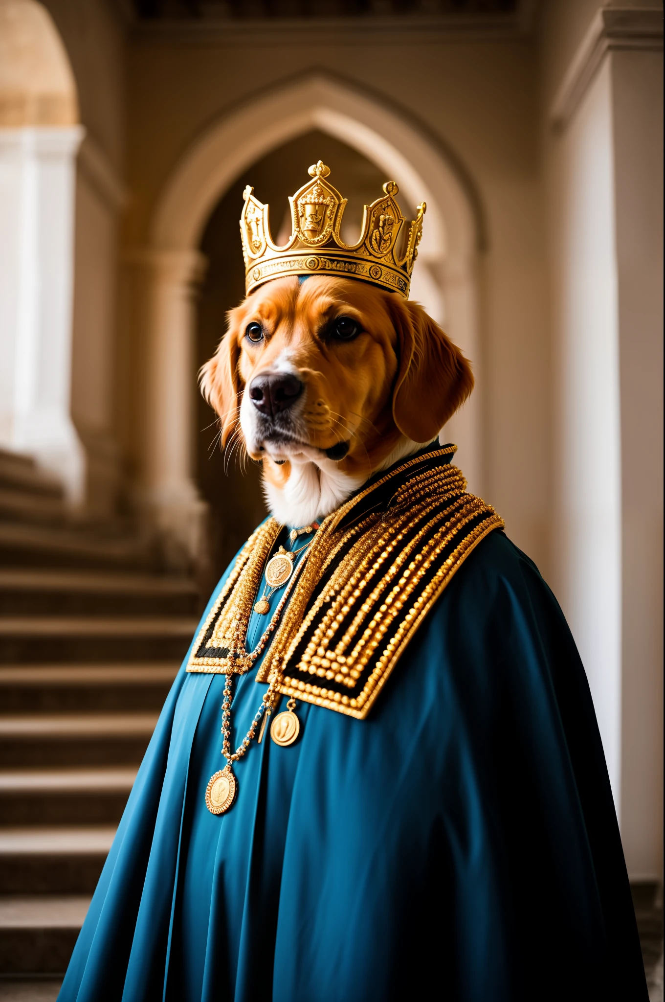 RAW photo, animal, a portrait photo of [king:queen:dog:1] humanoid in royal garb, background castle stairwell, diffuse candlelight, face, 8k uhd, dslr, soft lighting, high quality, film grain, Fujifilm XT3
