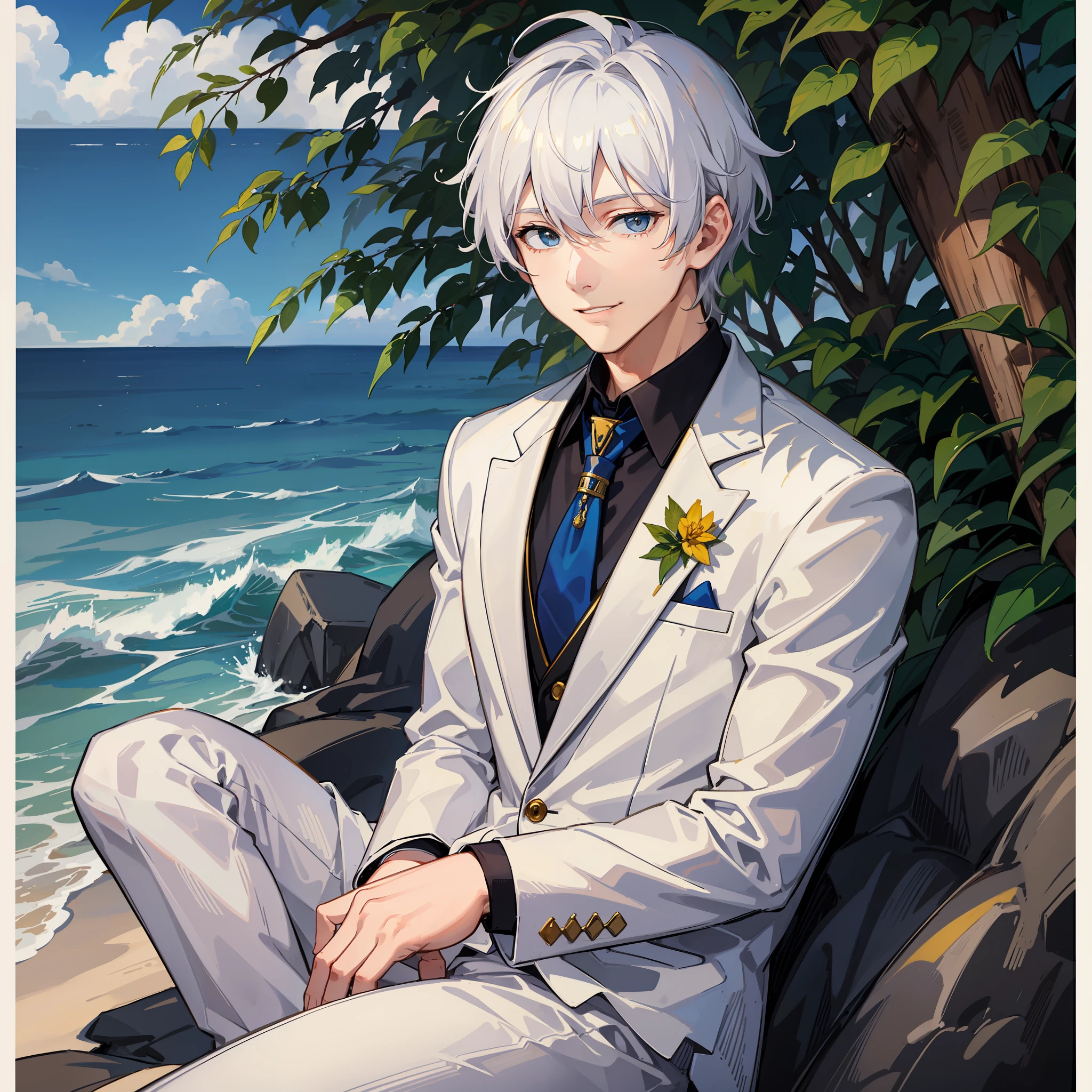Adult Male, Wearing a white Suit and pants, facing the sea, sitting, white short hair, midnight,Blue right eye, yellow left eye, smile, With a green bush behind
