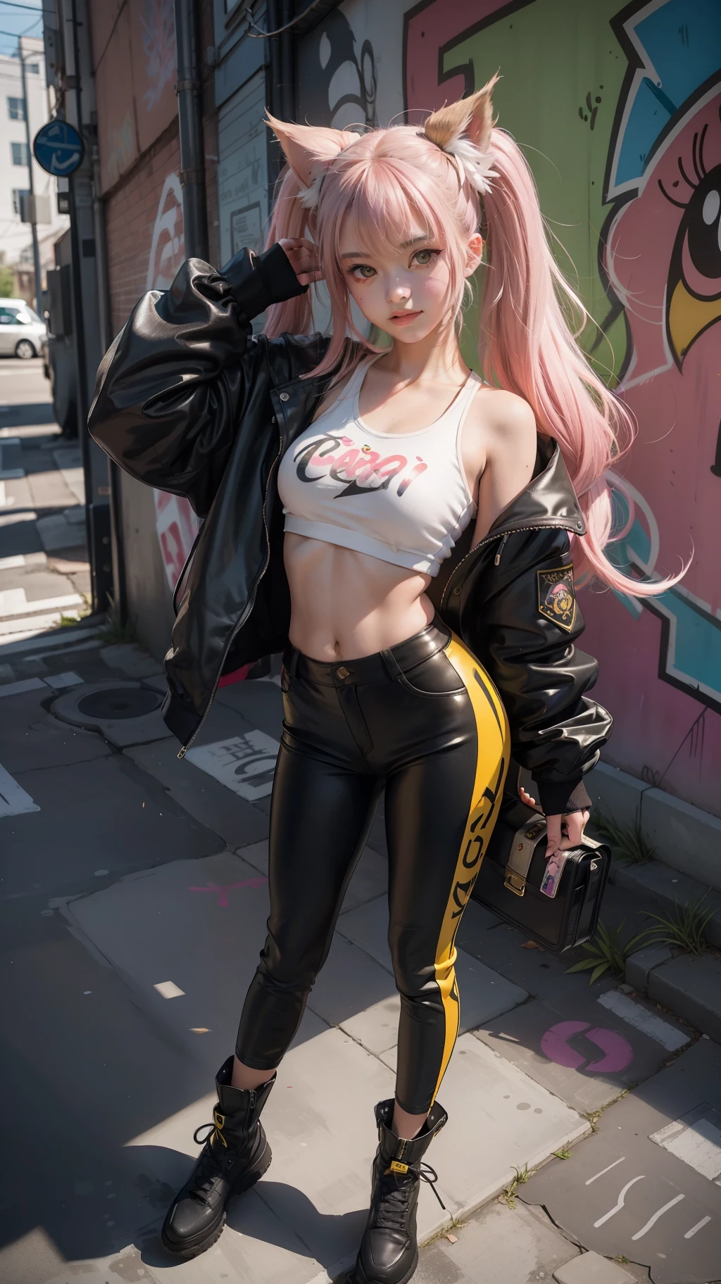 Cute 16 year old nekomata catgirl, Petite, Delicate Beautiful Attractive Face With Alluring Yellow Eyes, open mouth, Broadly Smiling, Lovely Medium Breasts, Layered Long Twintail hair, Blush Eyeshadow, Thick Eyelashes, Oversized cyberpunk Tech jacket, Mini Underboob Tee, Open Navel, Slim Waist, leather Pants, In The Graffiti Alley, Holding Spray Paint Can, (dynamic pose) original Character, Volumetric Lighting, Best Shadows, Shallow Depth of Field, (Highest Quality, Amazing Details:1.25), (Solo:1.3), Brilliant Colorful graffiti