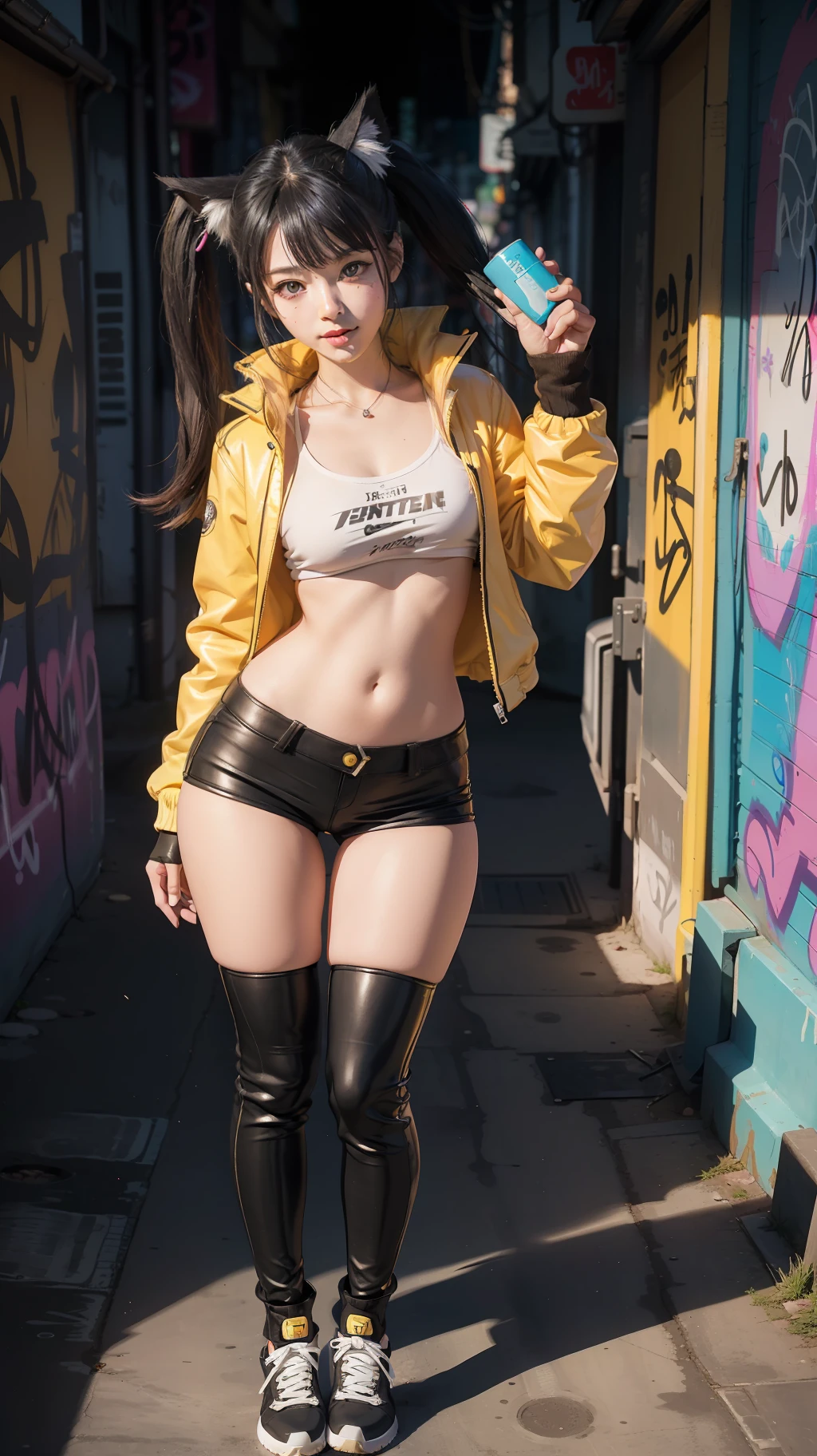 Cute 16 year old nekomata catgirl, Petite, Delicate Beautiful Attractive Face With Alluring Yellow Eyes, open mouth, Broadly Smiling, Lovely Medium Breasts, Layered Long Twintail hair, Blush Eyeshadow, Thick Eyelashes, Oversized cyberpunk Tech jacket, Mini Underboob Tee, Open Navel, Slim Waist, leather Pants, In The Graffiti Alley, Holding Spray Paint Can, (dynamic pose) original Character, Volumetric Lighting, Best Shadows, Shallow Depth of Field, (Highest Quality, Amazing Details:1.25), (Solo:1.3), Brilliant Colorful graffiti