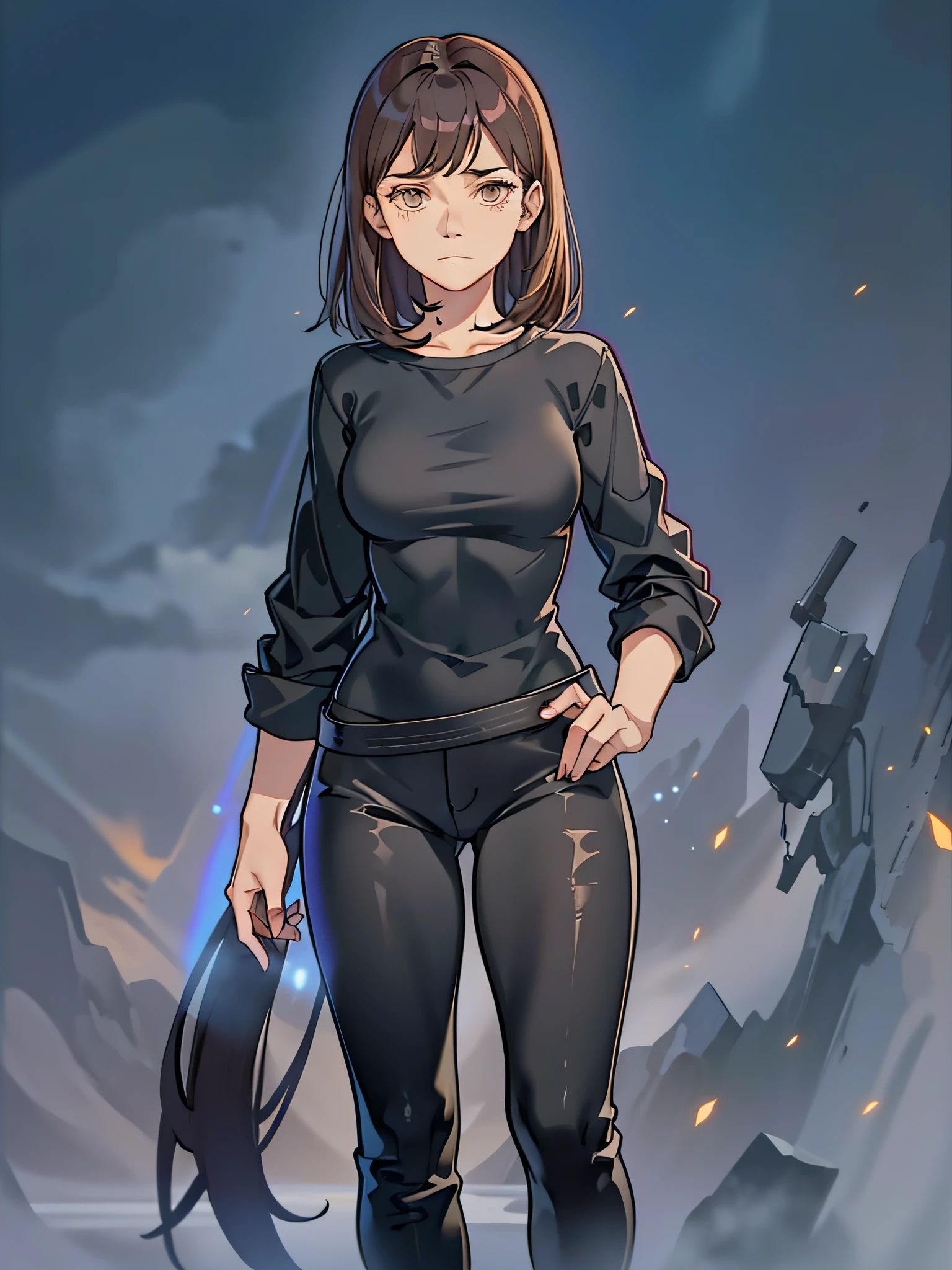 A full body girl, wearing long black T-shirt long black pants, dark style, brown eyes, short brown hair, expression of sadness in the gaze, moonlight only night, dark environment, high definition, detailed.