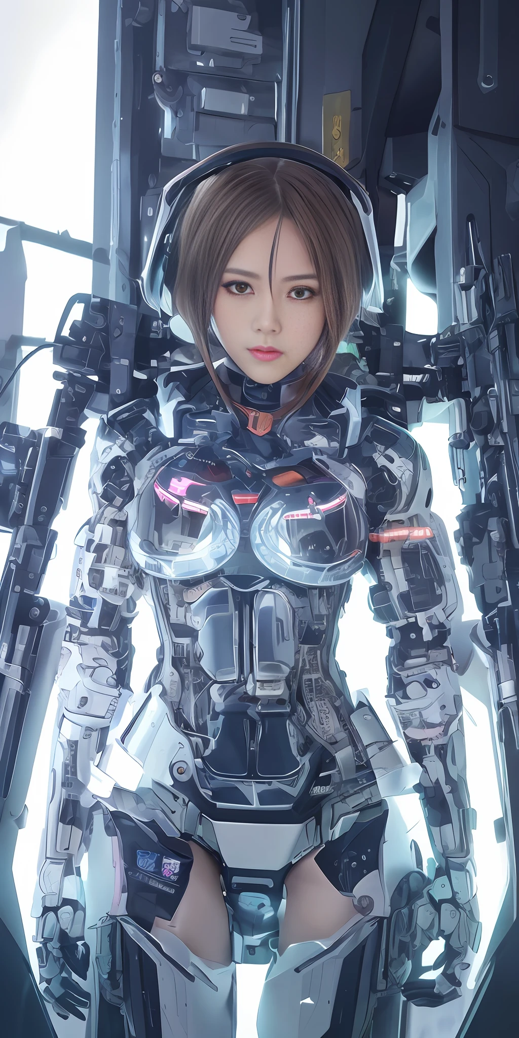 Gundam Girl, Mecha Body, Cyberpunk, Mechanical Body, Metal Body, Face, Chest and Thighs Are Raw Skin, Cleavage Is Visible, Orange Eyes, Glowing Eyes, Metallic, Detailed Neon, Small LEDs, Delicate Parts, Cables, Cylinders, (Masterpiece: 1.3), (8k, Photorealistic, RAW Photos, Best Quality: 1.4), (1 Japan Cyborg Girls) , beautiful face,