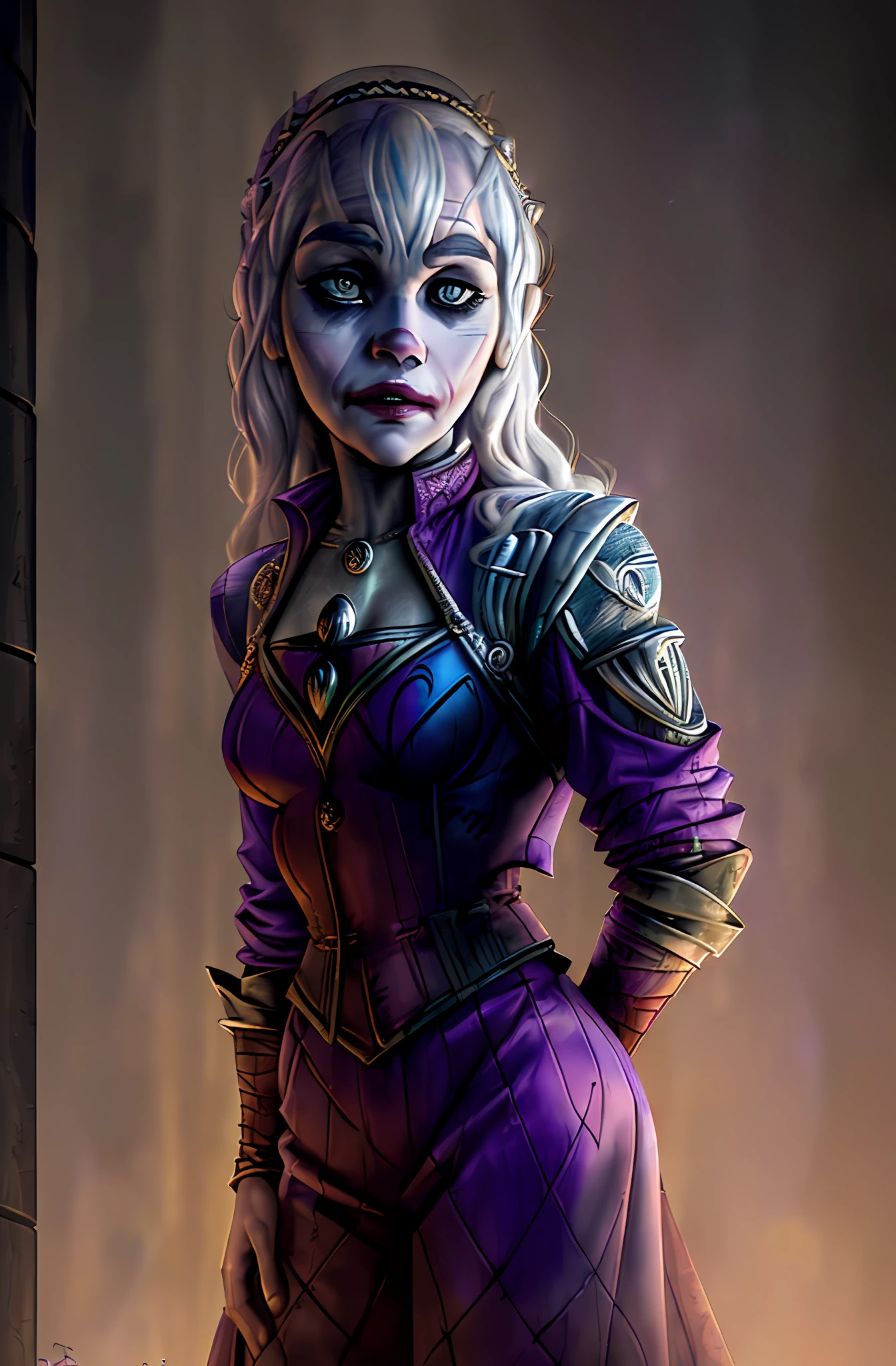 (((( Superb accurate portait of Daenerys targarian as The Joker Marvel beauty)))))epic, realistic, neutral colors, ((((hdr)))), ((((muted colors)))), medievil scene, artstation, hyperdetailed, cinematic shot, tenebrism lights, intricate details,photography realistic,[[teal orange]],dark ally atmosphere, detailed perfectionism, perfect shading, (photorealistic:1.6), (((purple jacket)))