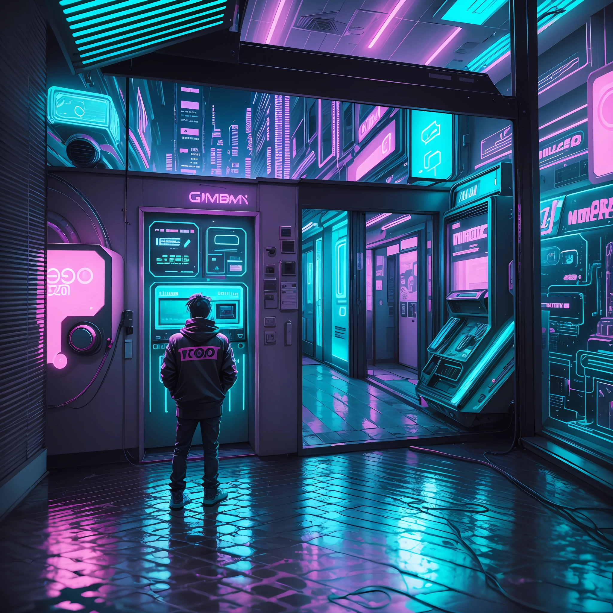 photo of a room of neo-gameboy futurism,vaporwave, sinthpop, neon signs, man looking out the window, Atari-64 decaying streets --auto --s2
