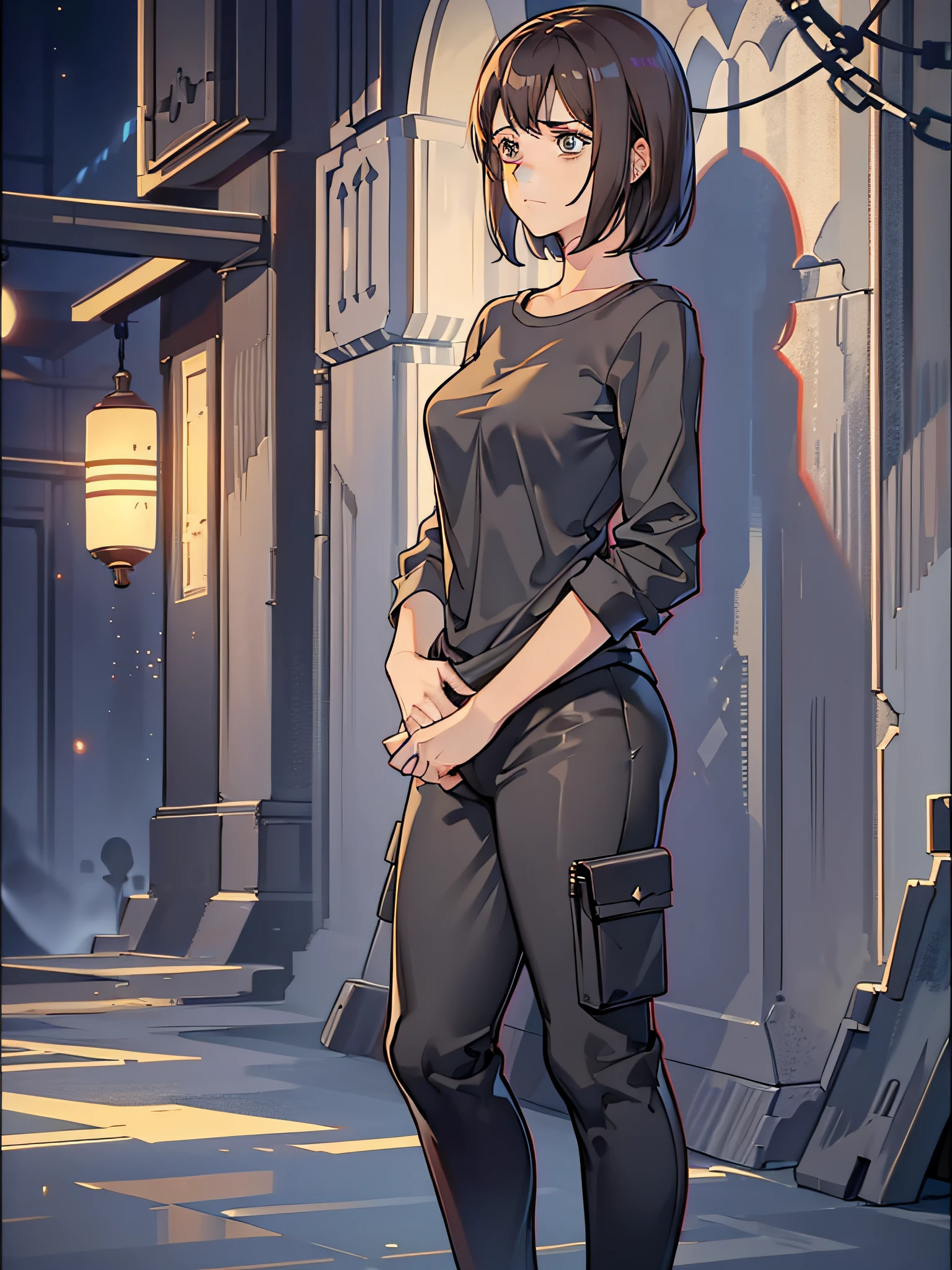 A full body girl, wearing long T-shirt and pants all in black, dark style, brown eyes, short brown hair, expression of sadness in the look, moonlight only night, dark, detailed environment, expressive eyes