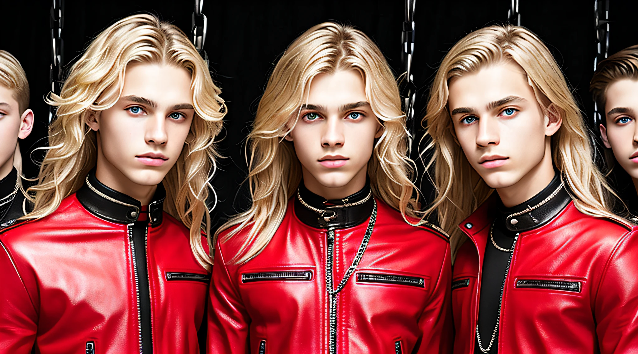 14-YEAR-OLD BOYS, CLOSEUP, WITH LONG BLONDE HAIR, WITH RED LEATHER JACKETS AND BLACK CLOTHING, ON A RED BACKGROUND WITH MANY CHAINS, FLOOR WITH CHAINS, CEILING WITH CHAINS.