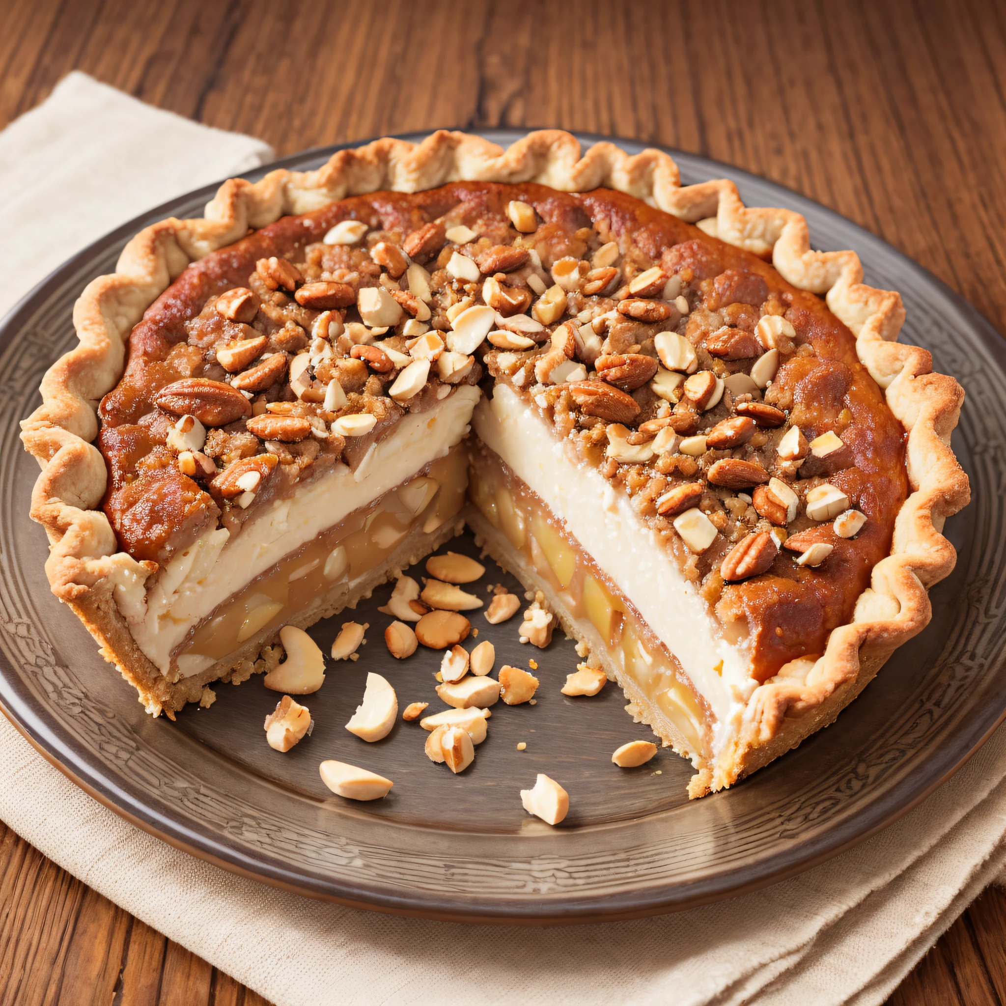 An appetizing slice of nut pie, in cartoon style, detailed and beautiful illustration for cookbook, elegant strokes, in high resolution.