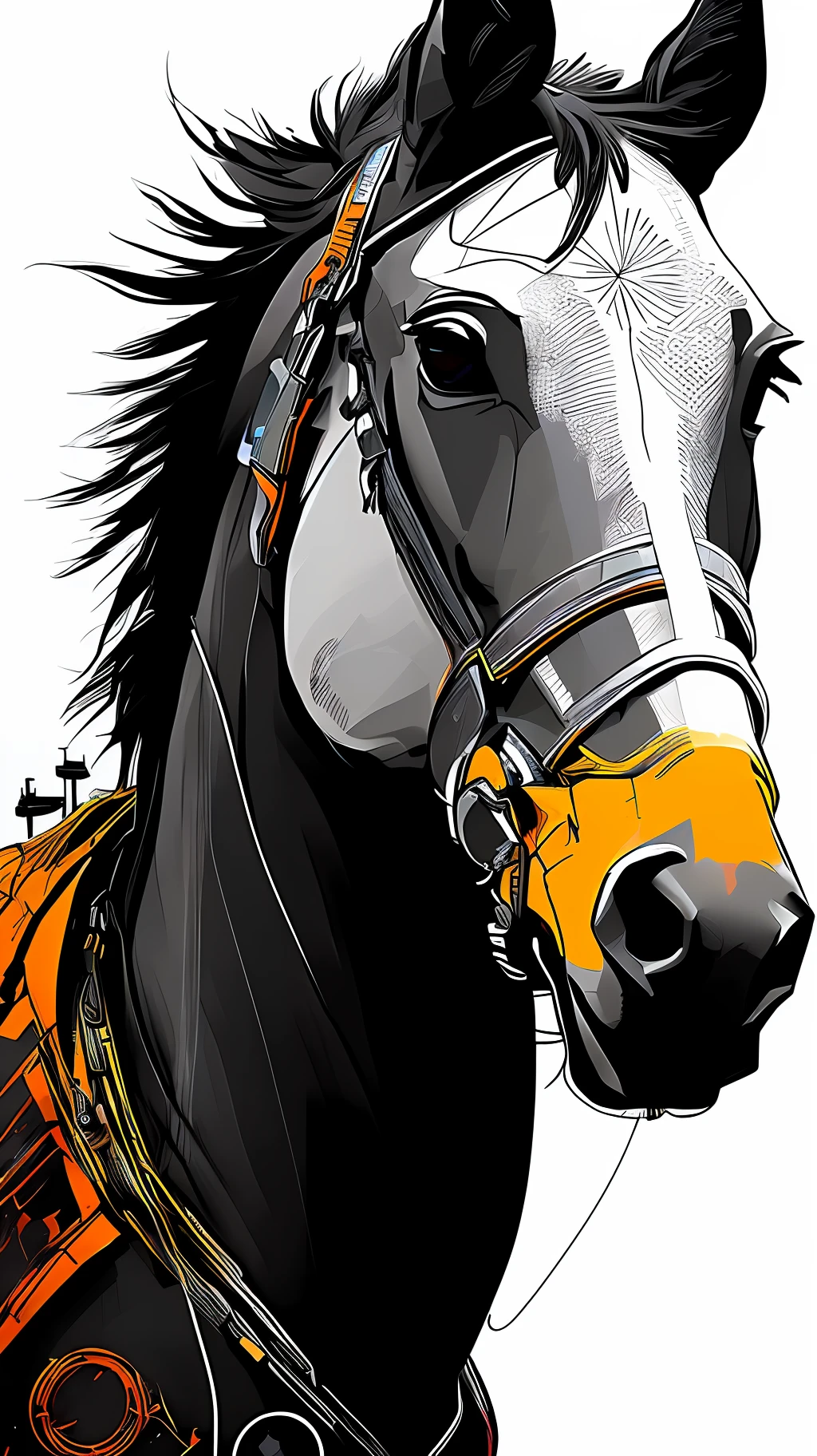 (Samdoesarts:1.3), nvinkpunk, a photorealistic portrait of a 1horse, 1cybernetic horse, 1cyborg animal, drawing, thick lines