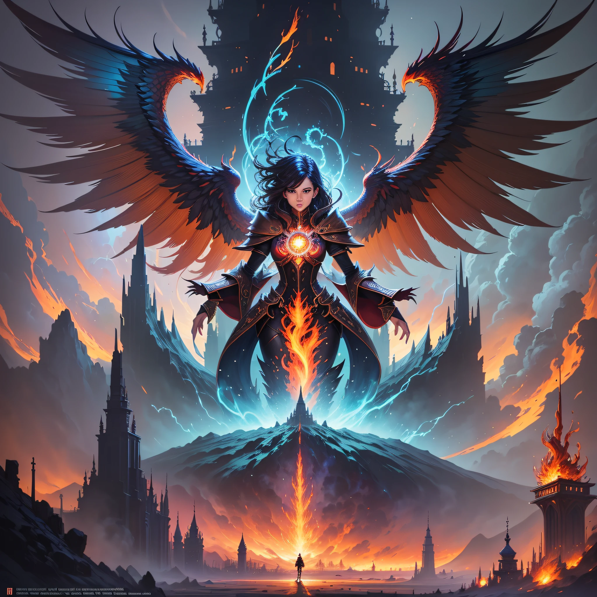 Flaming Phoenix in hand-drawn rpg game format Magic: The Gathering, yu gi oh, anime epic fantasy digital art style, symmetrical concept art, a sinister fantasy illustration, symmetrical epic fantasy art, epic fantasy science fiction illustration, epic fantasy art style, epic anime art, symmetrical fantasy RPG portrait,  Anton Fadeev and Dan Mumford --auto --s2