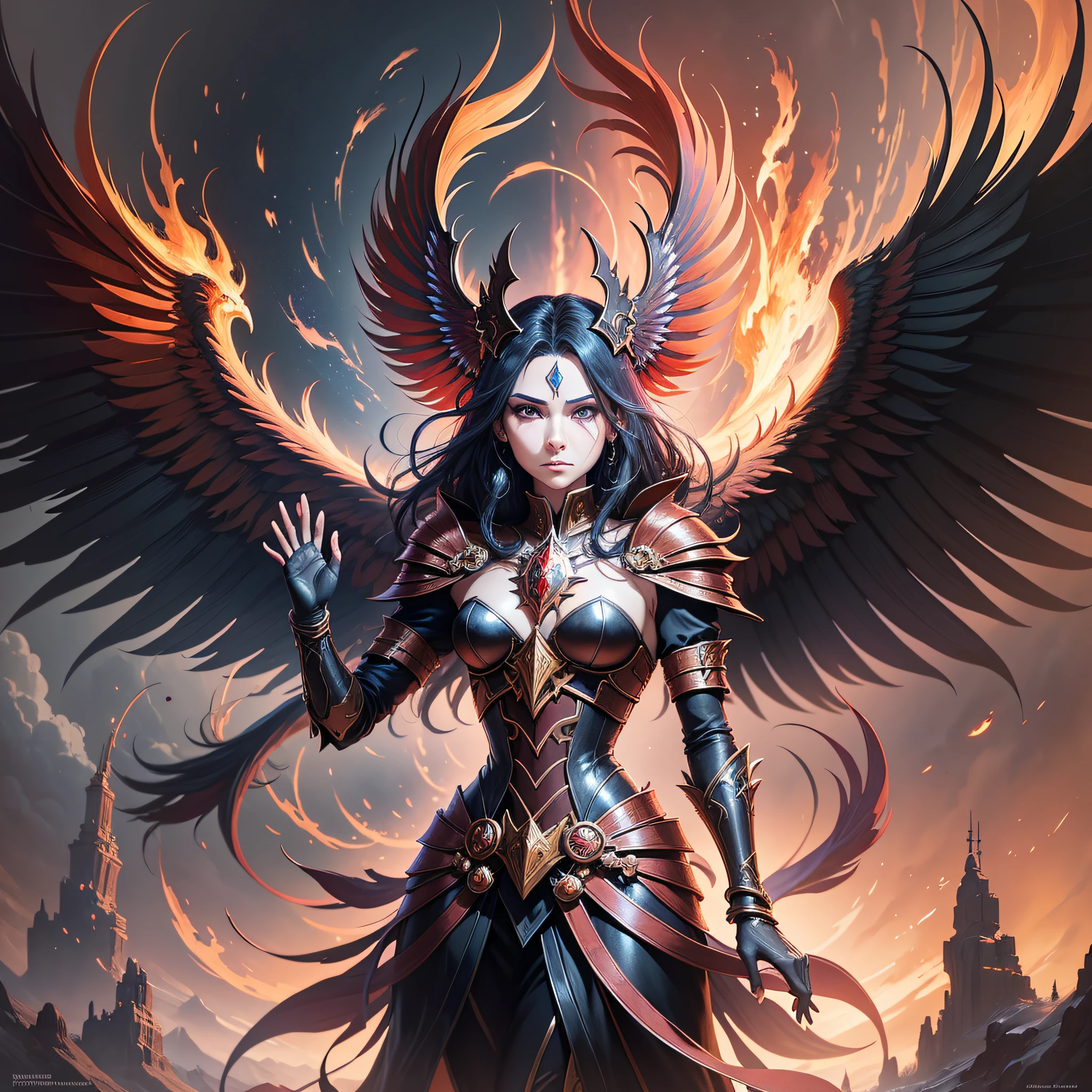 Flaming Phoenix in hand-drawn rpg game format Magic: The Gathering, yu gi oh, anime epic fantasy digital art style, symmetrical concept art, a sinister fantasy illustration, symmetrical epic fantasy art, epic fantasy science fiction illustration, epic fantasy art style, epic anime art, symmetrical fantasy RPG portrait, Anton Fadeev and Dan Mumford --auto --s2