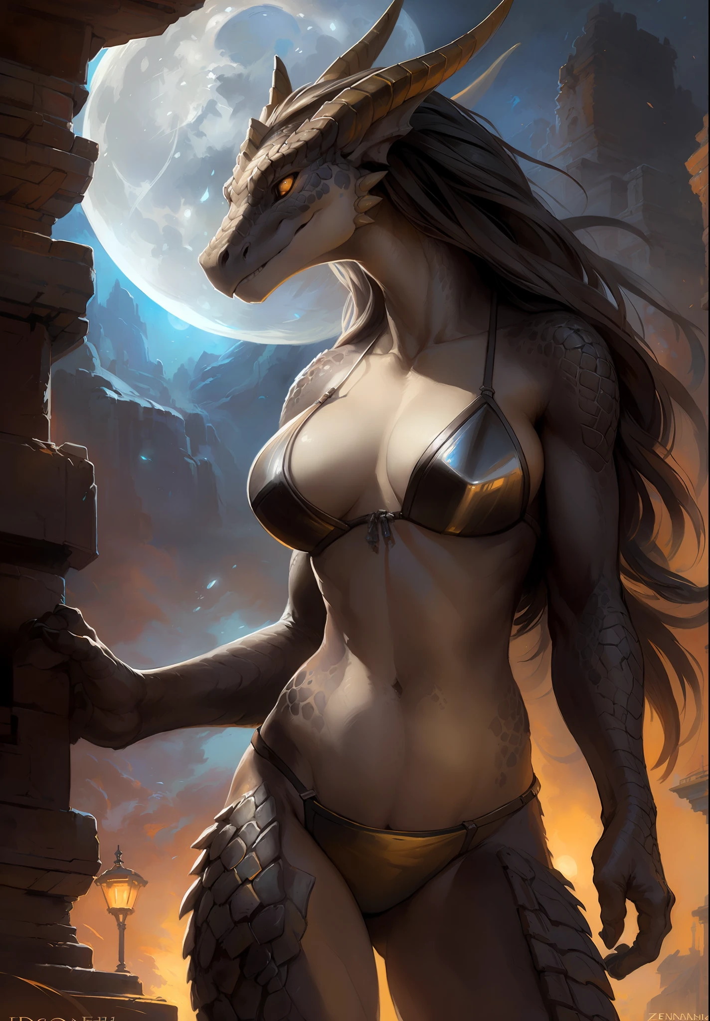 Dragon girl, big chest, day, sexy, sensual, detailed, uploaded to e621, beautiful and detailed portrait of an powerful anthropomorphic dragon ((female))) kenket, ross tran, ruan jia, uploaded to e621, zaush, foxovh, scalie, silver scalie, movie lighting, metallic bikini, standing, moon lights, open legs, long hair