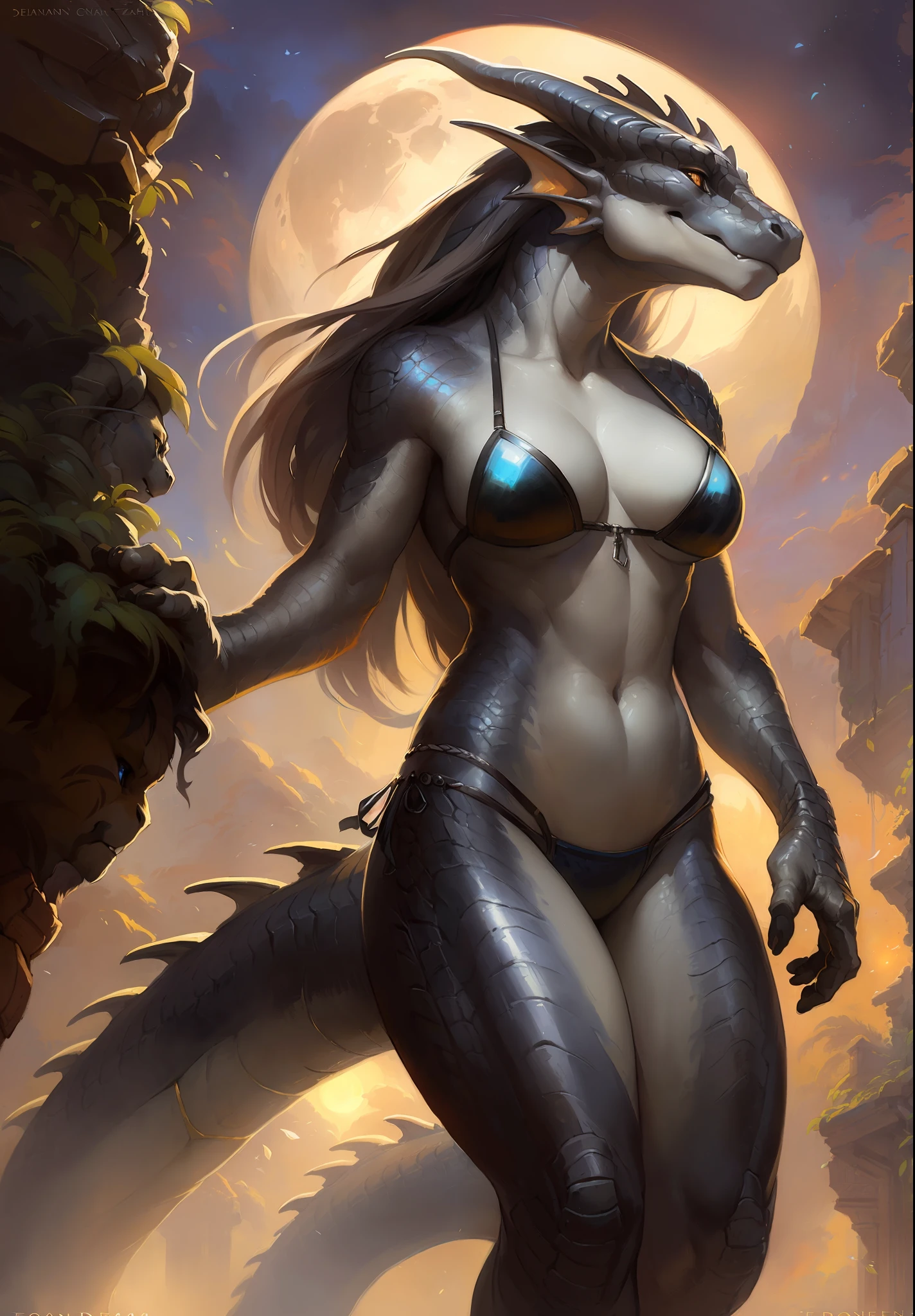 Dragon girl, big chest, day, sexy, sensual, detailed, uploaded to e621, beautiful and detailed portrait of an powerful anthropomorphic dragon ((female))) kenket, ross tran, ruan jia, uploaded to e621, zaush, foxovh, scalie, silver scalie, movie lighting, metallic bikini, standing, moon lights, open legs, long hair