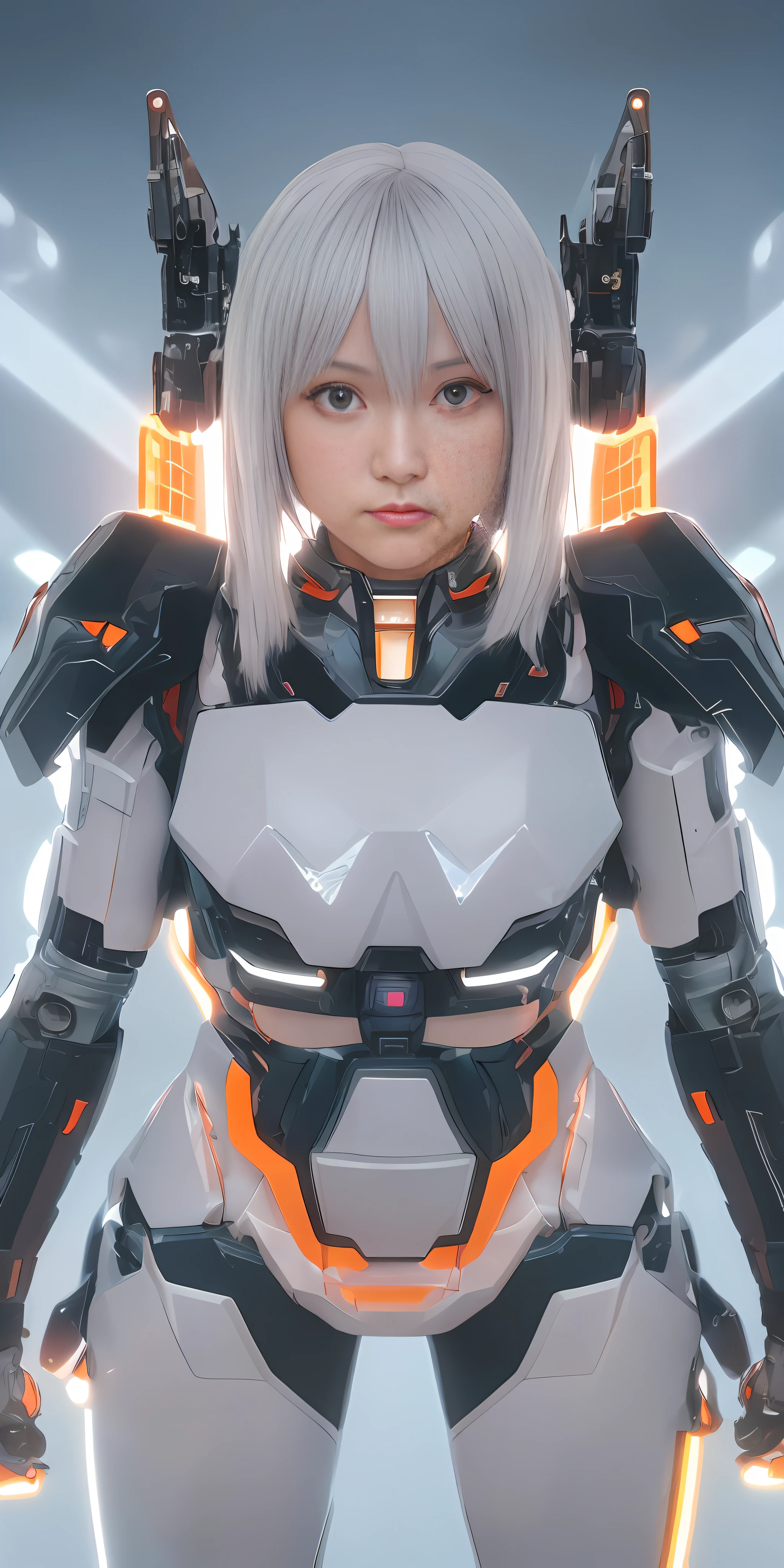 Gundam Girl, Mecha Body, Cyberpunk, Mechanical Body, Metal Body, Face, Chest and Thighs Are Raw Skin, Cleavage Is Visible, Orange Eyes, Glowing Eyes, Metallic, Detailed Neon, Small LEDs, Delicate Parts, Cables, Cylinders, (Masterpiece: 1.3), (8k, Photorealistic, RAW Photos, Best Quality: 1.4), (1 Japan Cyborg Girls) , beautiful face,