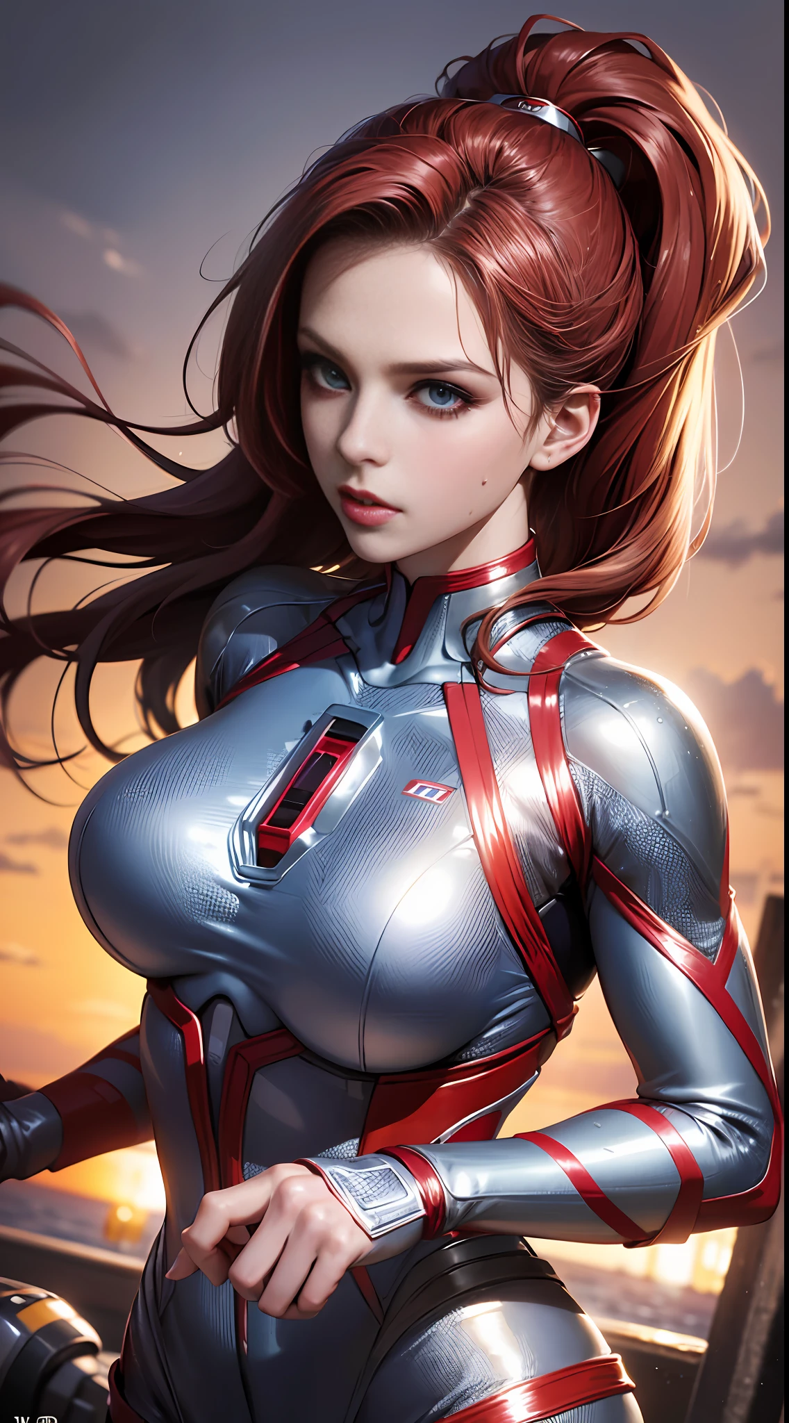 High quality fingers, normal hands, detailed fingers, masterpiece, (realistic, photorealistic: 1.37), (22-year-old woman), galaxy Ultraman, female Ultraman, classic red silver tights, energy indicator with blue light on chest, plump breasts, small waist, crimson hair, blue eyes, beautiful face, perfect lighting, resolute eyes, looking at the audience, amazingly beautiful woman, detailed hairstyle, detailed background, (sweat: 1)